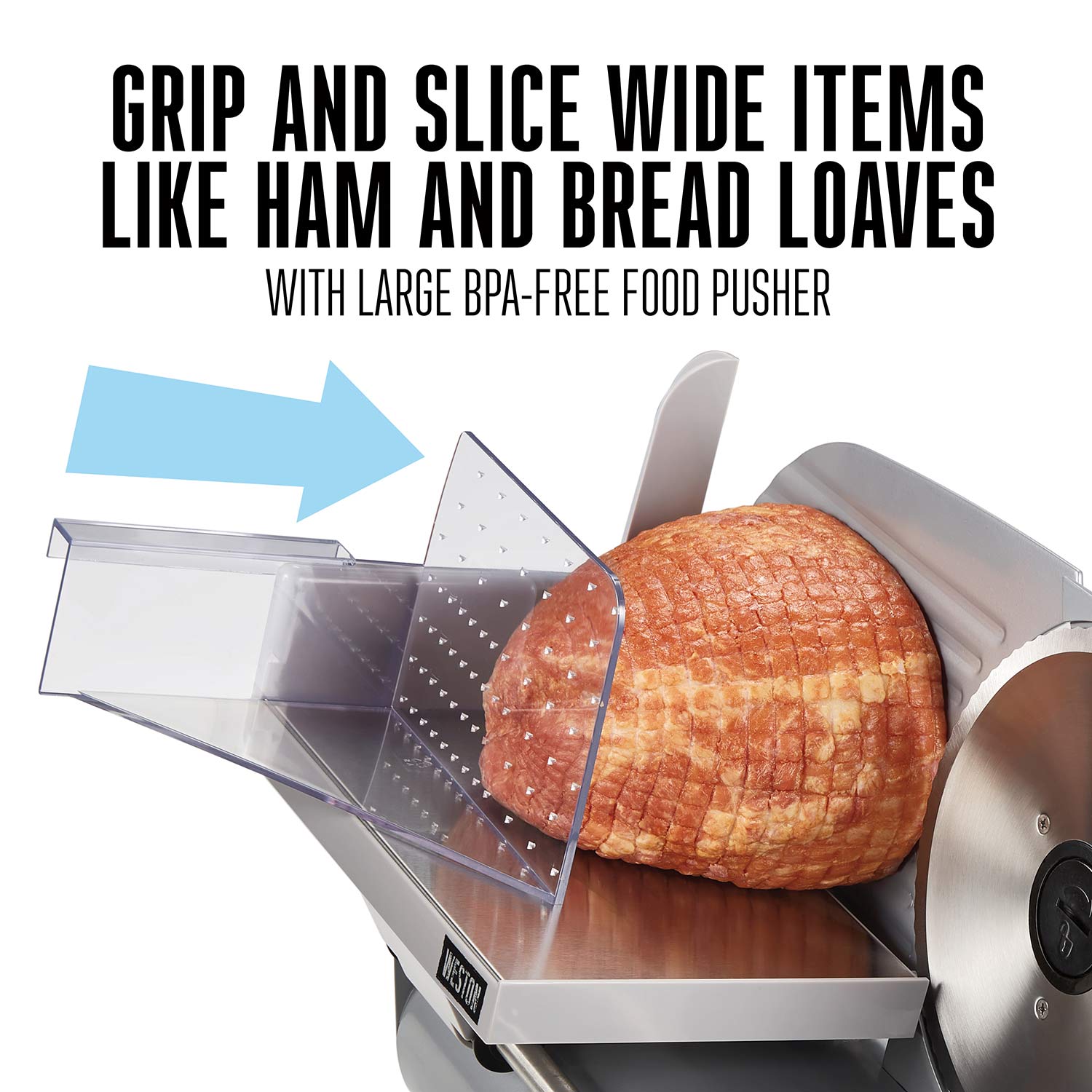 Slicing wide items such as ham and bread rolls