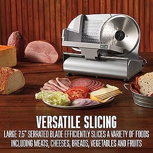 VERSATILE: LARGE 7.5-INCH SERRATED BLADE CUTS A VARIETY OF FOODS