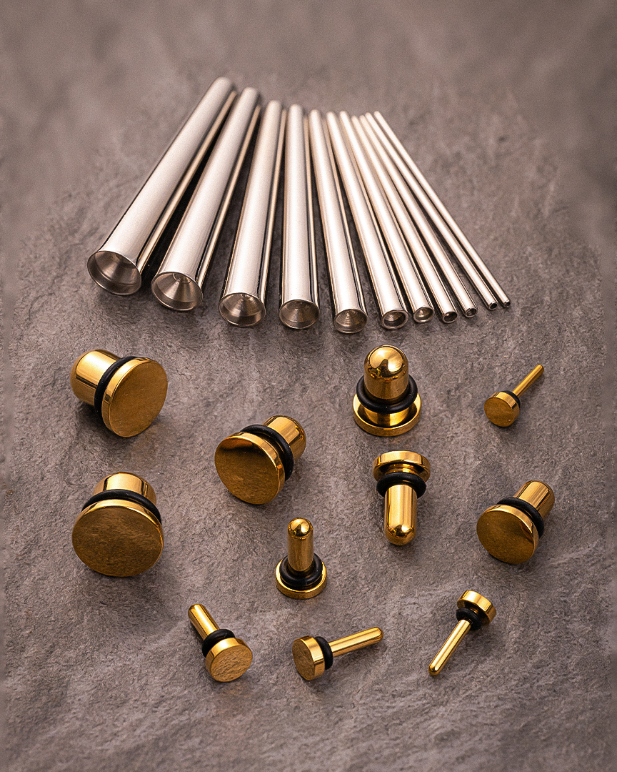 Alternative Beginners Ear Stretching Kit for Ears - 22 Piece Pack - Includes Surgical Steel Tapers & Gold Steel Plug / Gauge
