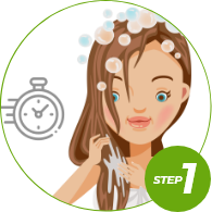 PUMP A FEW TIMES FOR THE SHAMPOO TO COME OUT. MASSAGE THE SHAMPOO ON HAIR AND SCALP TO CREATE A NICE LATHER. LEAVE FOR 2-3 MINUTES.