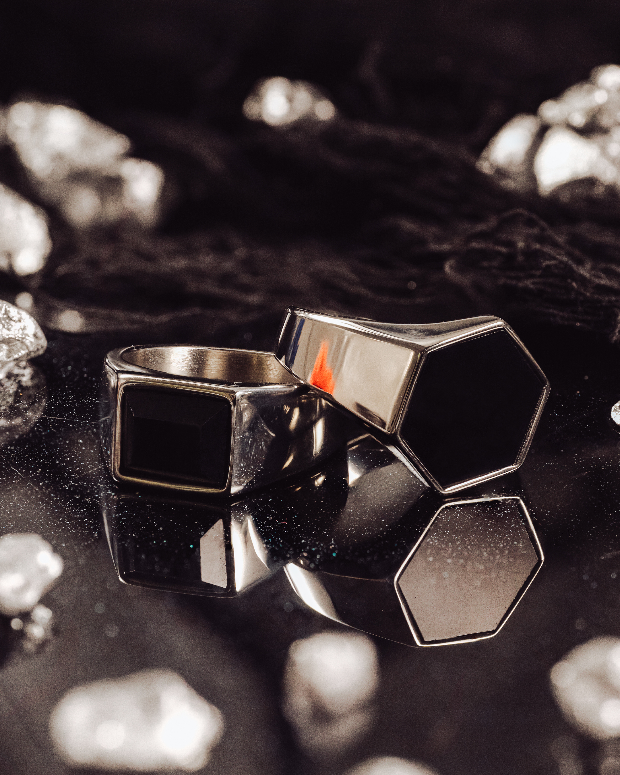  Silberner Sechseck-Ring Mit Schwarzem Onyx