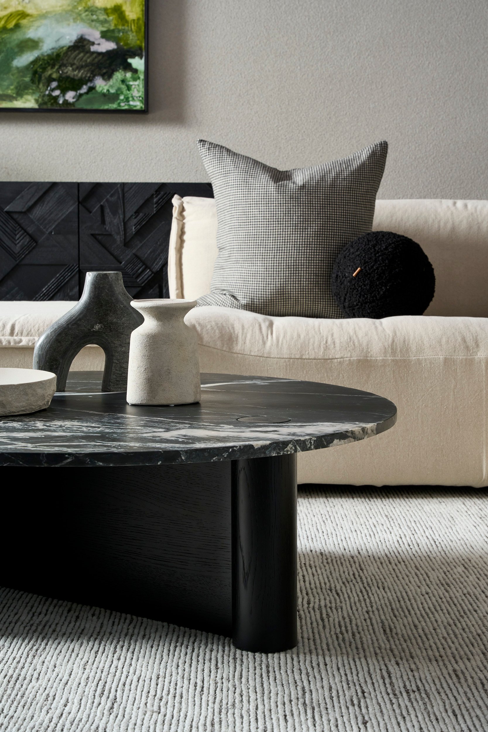 Pivot Round Marble Coffee Table - Black - Nero Perlato Marble - Floor Stock