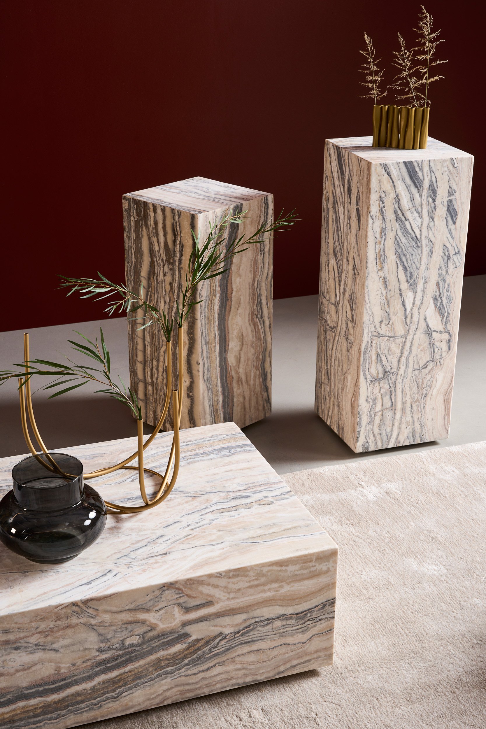 Cube Pedestal Tall - Beige Onyx Marble - Floor Stock