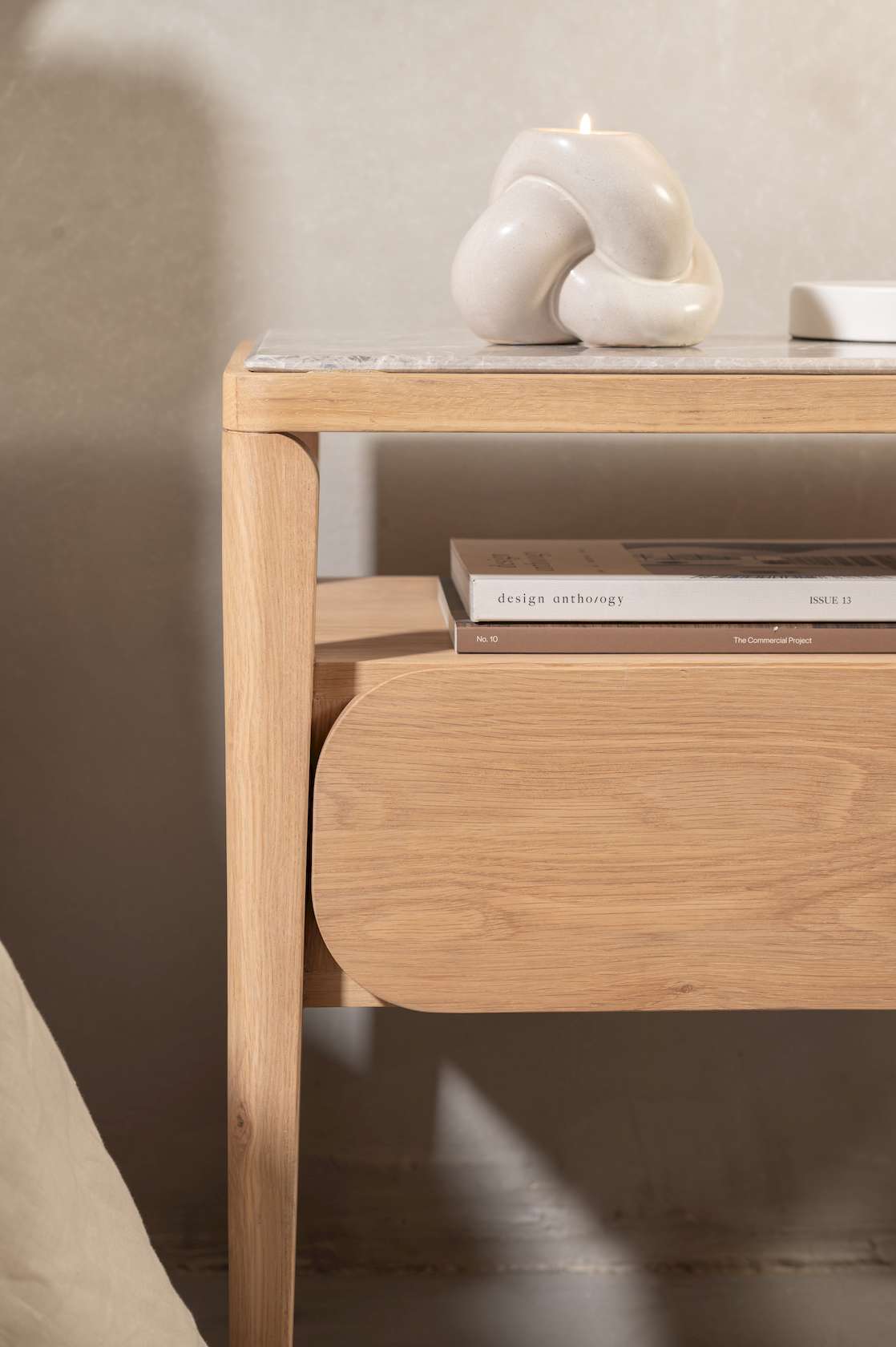 Paru Bedside Table - White Oak / Grey Marble - Floor Stock