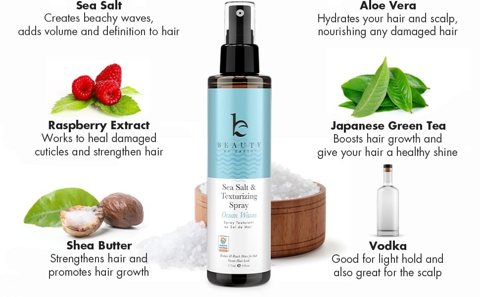 Sea Salt
Creates beachy waves,
adds volume and definition to hair
Raspberry Extract
Works to heal damaged
cuticles and strengthen hair
Aloe Vera
Hydrates your hair and scalp,
nourishing any damaged hair
Vodka
Good for light hold and
also great for the scalp
