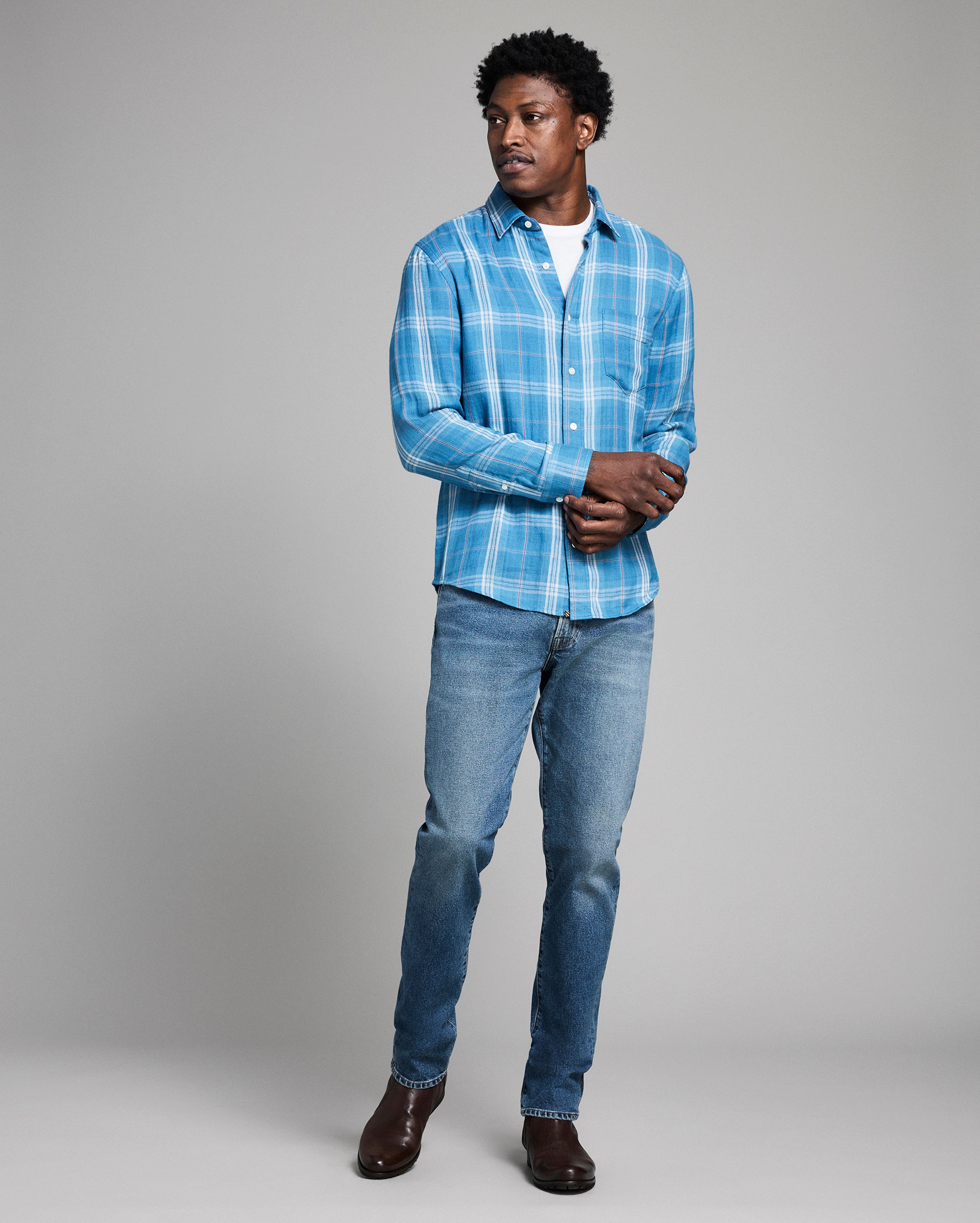 Model shows the fit of the shirt.