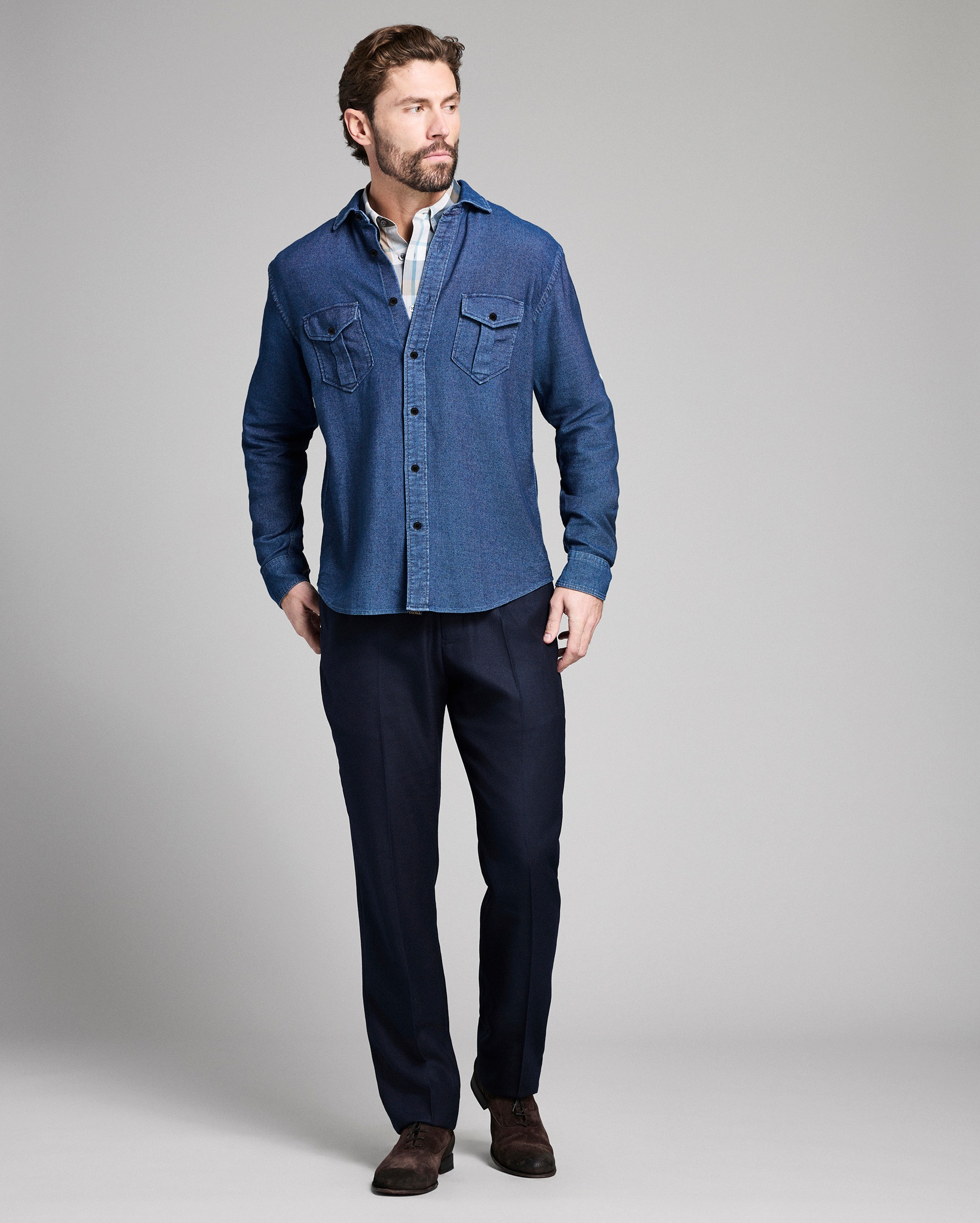 Model shows the fit of the shirt.