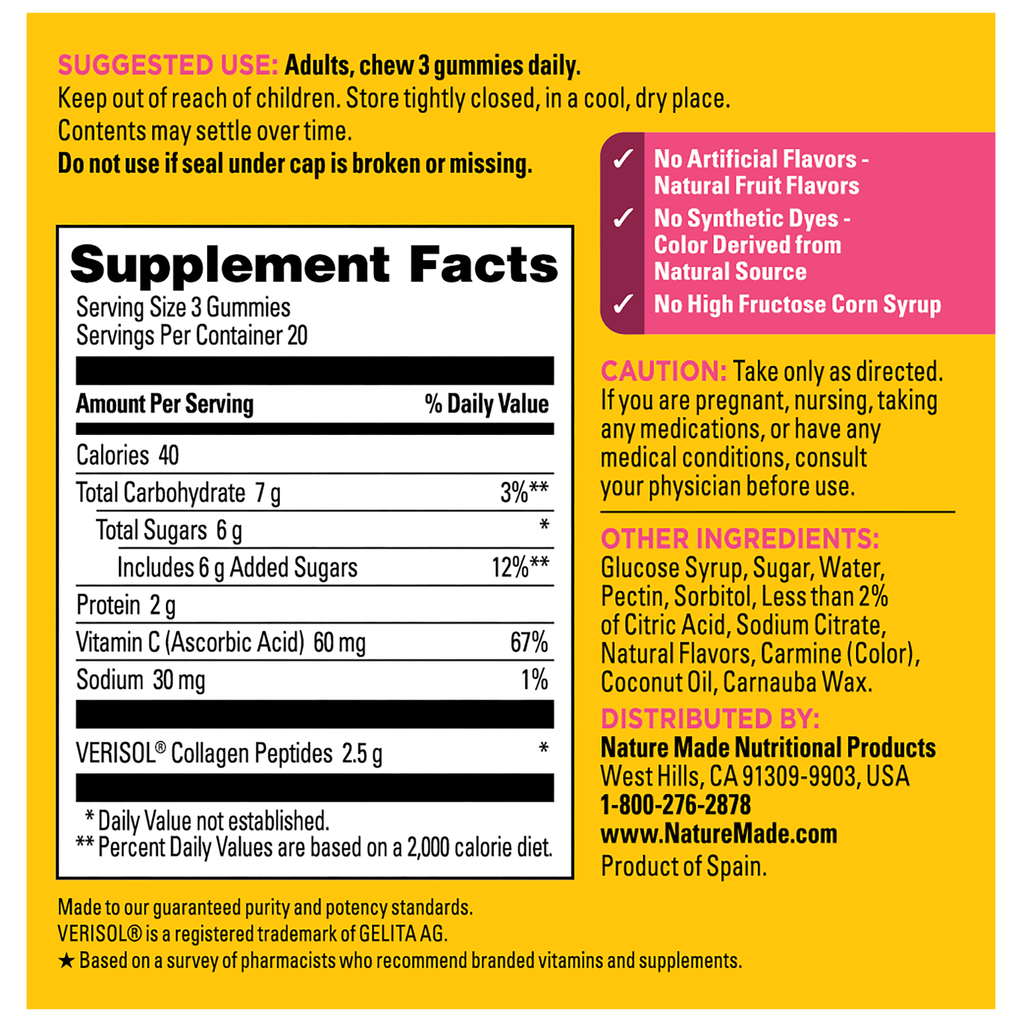 Nature Made Collagen Peptides + C gummy Supplement label with detailed nutritional information and ingredients on a yellow background.