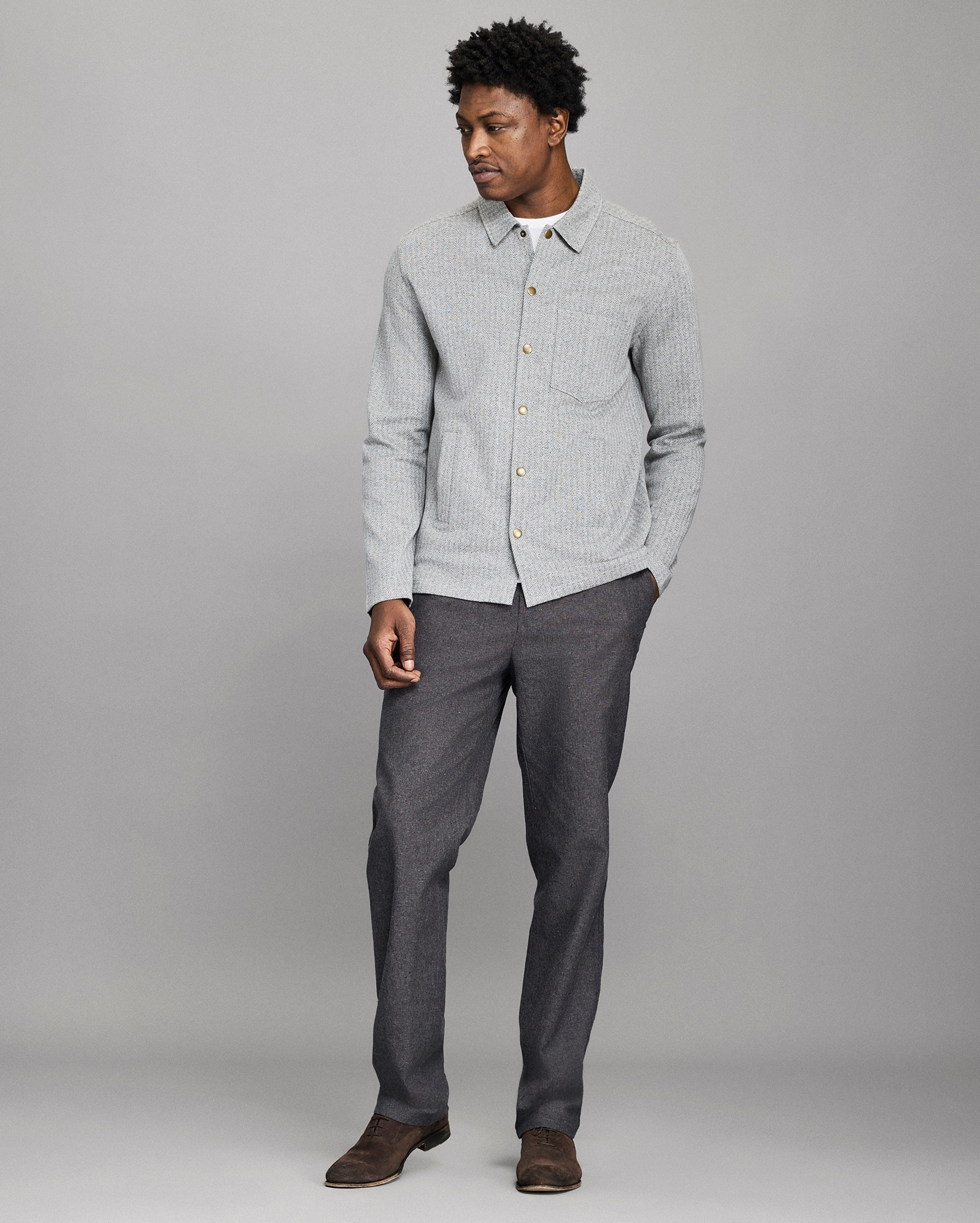 Model shows the fit of the jacket.