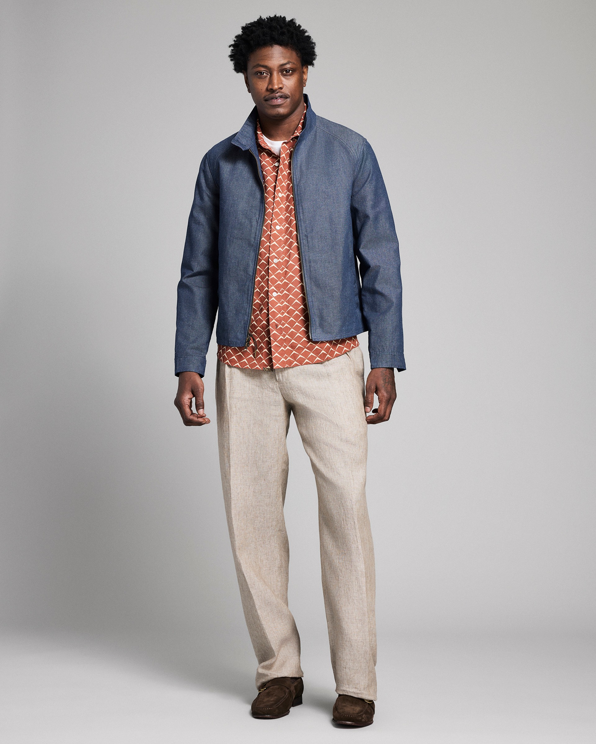 Model shows the fit of the jacket.