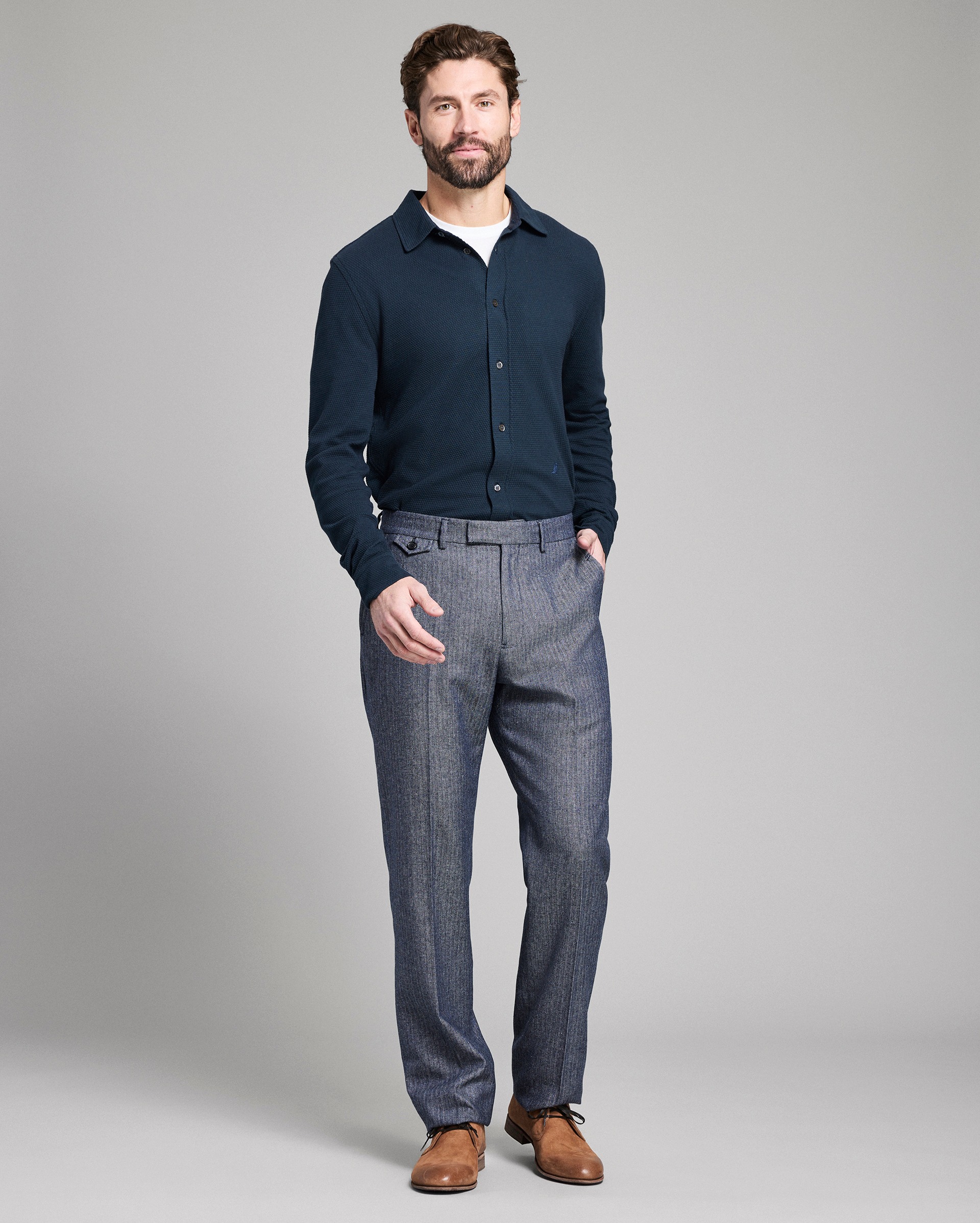 Model shows the fit of the trouser.