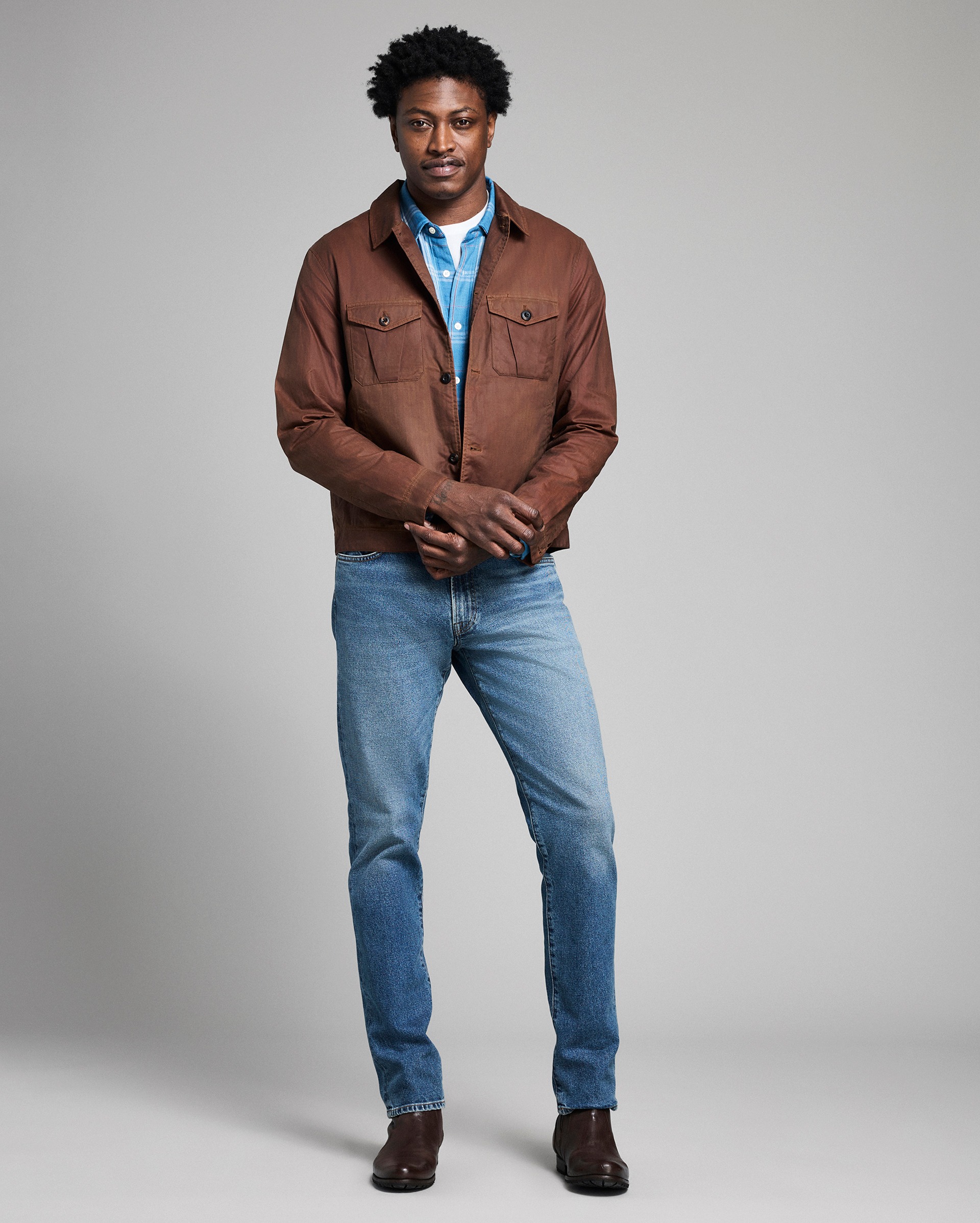 Model shows the fit of the jacket.