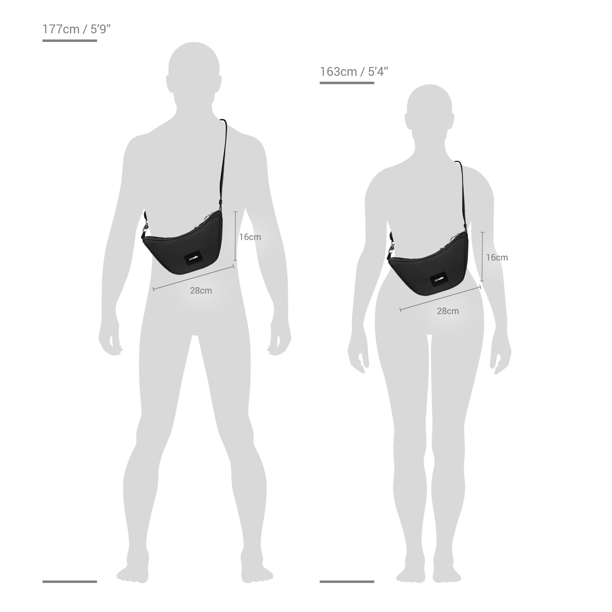 Size chart for Pacsafe® GO Anti Theft Lunar Crossbody