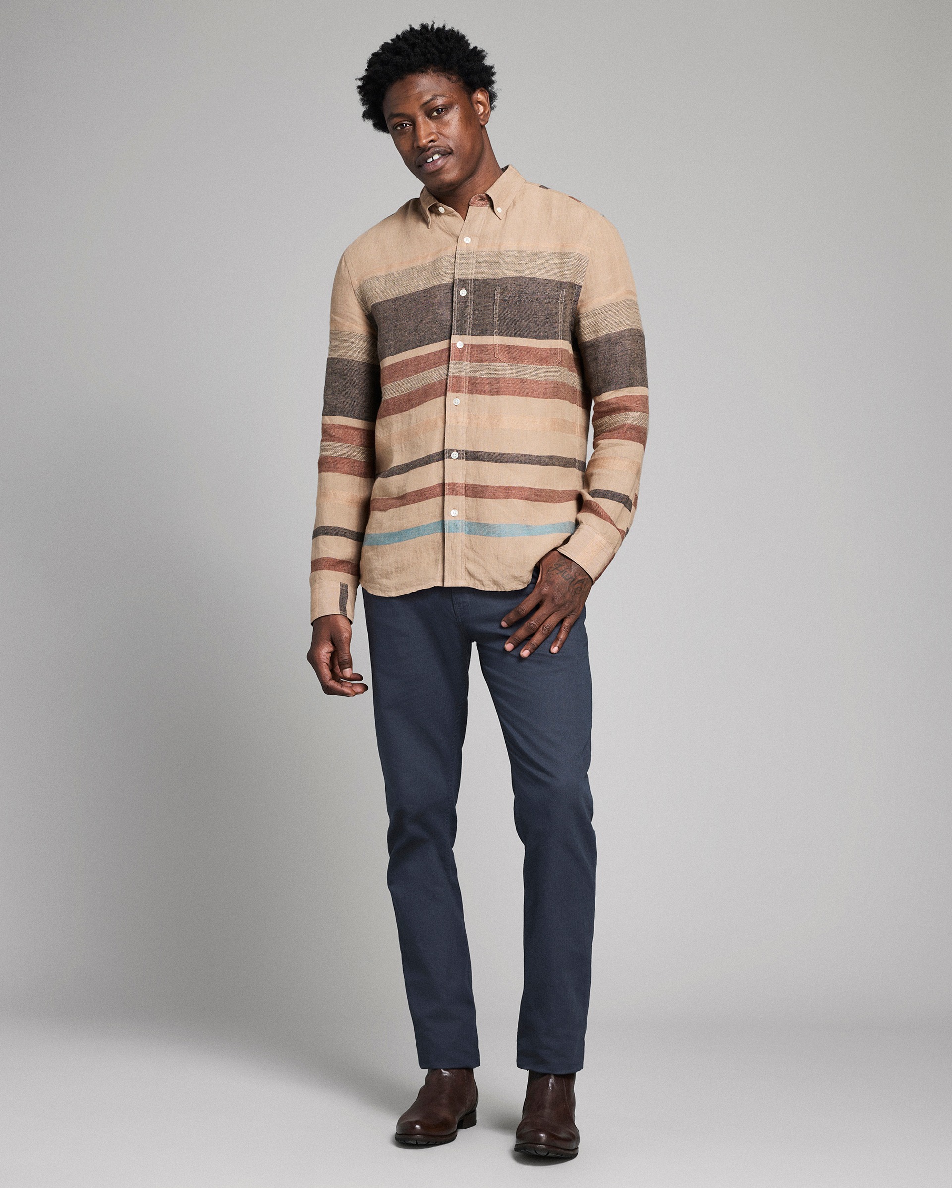 Model shows the fit of the shirt.