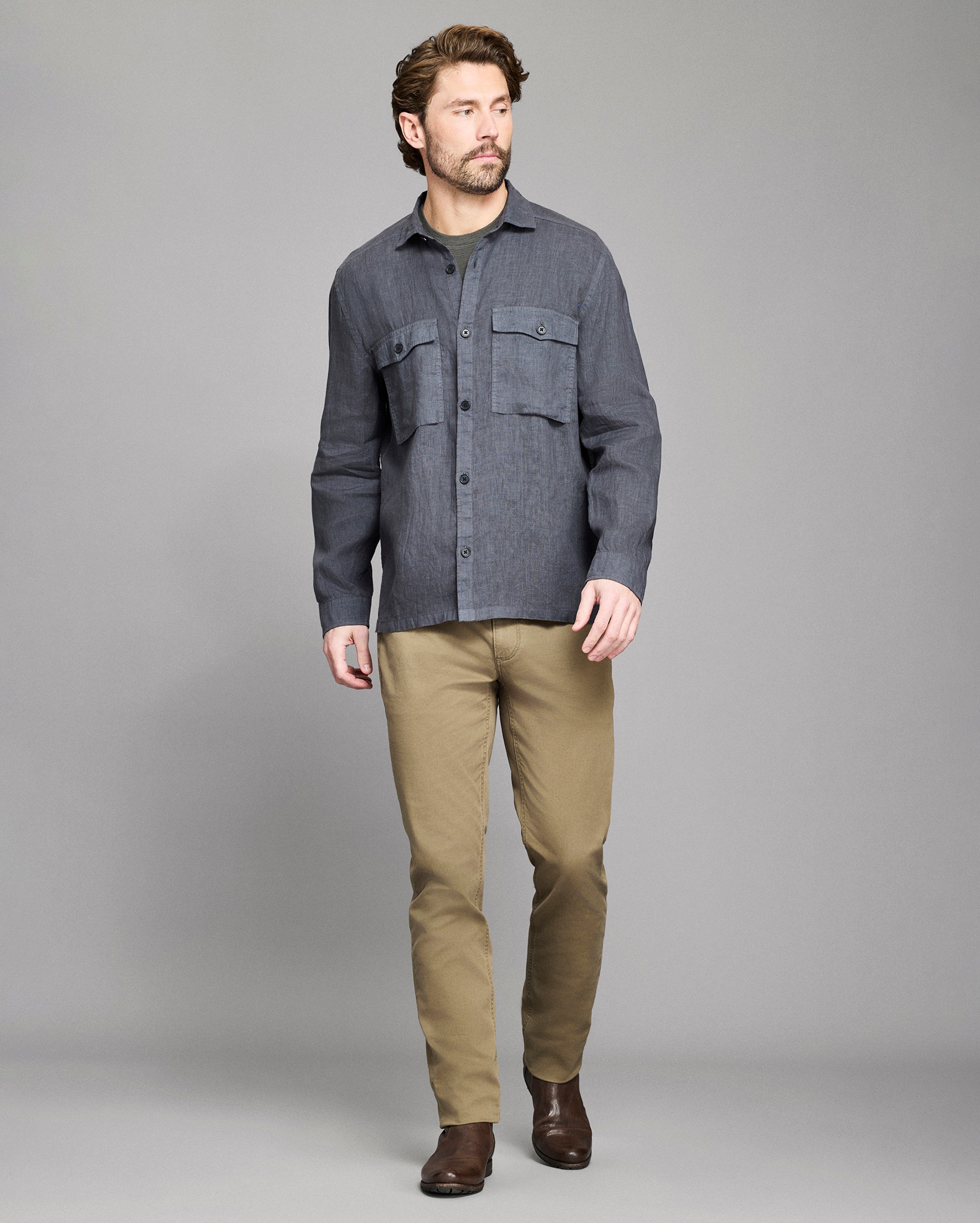 Model shows the fit of the overshirt.