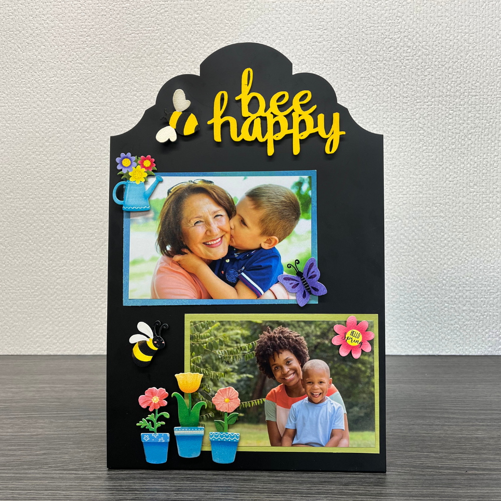 Ornate Bent Easel with Bee Happy and other spring magnets and photos