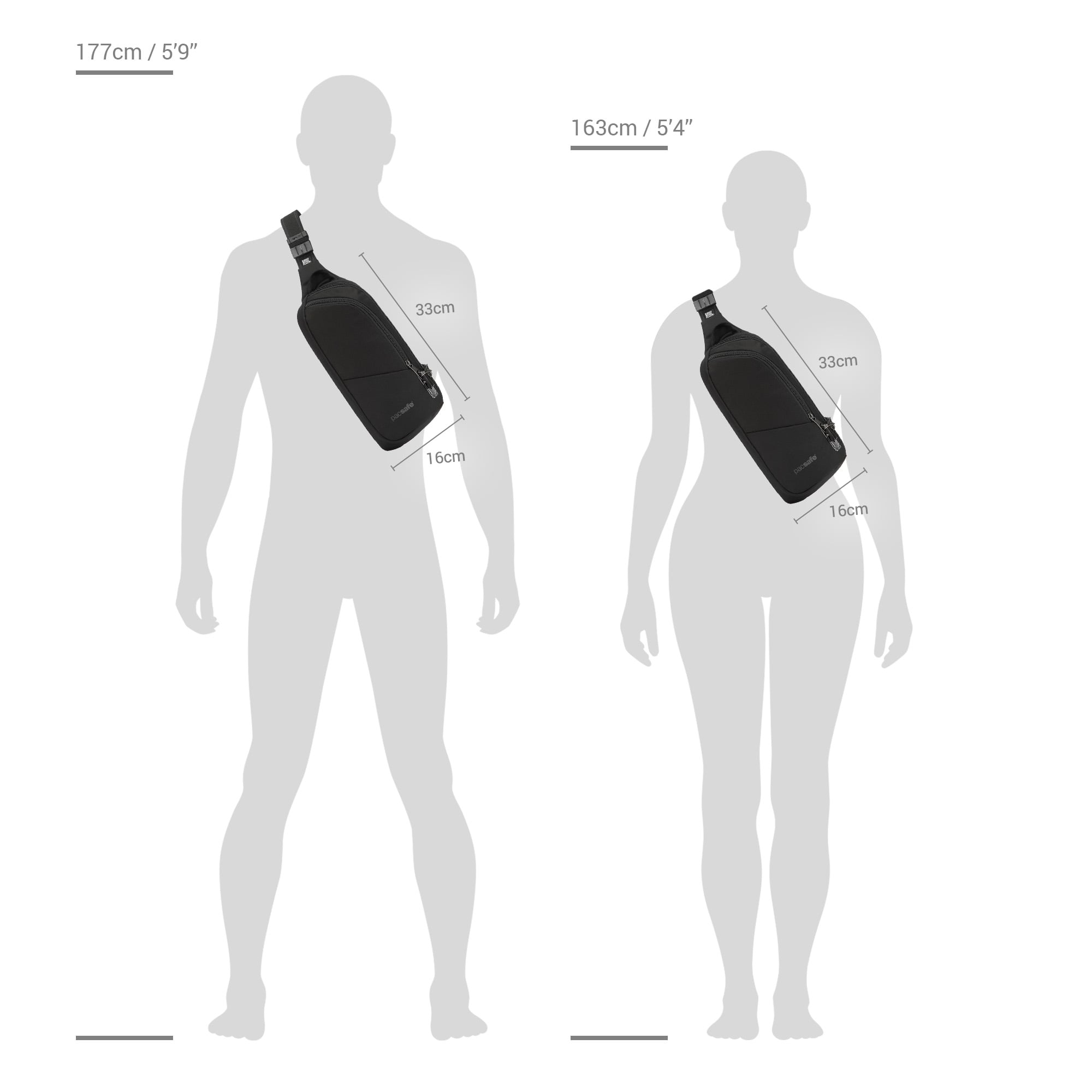 Size chart for Pacsafe® V Anti-Theft Action Sling Pack