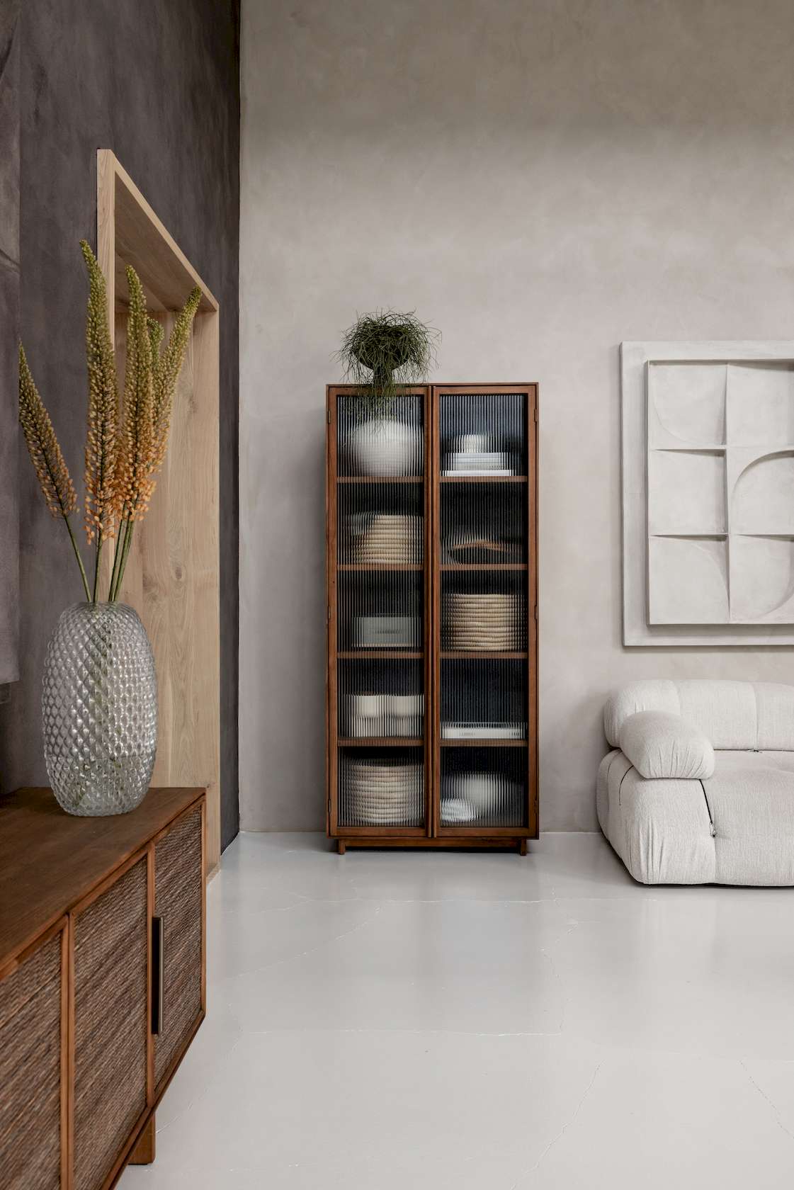 dBodhi Motion Display Cabinet - 2 Textured Glass Doors - Teak - Floor Stock