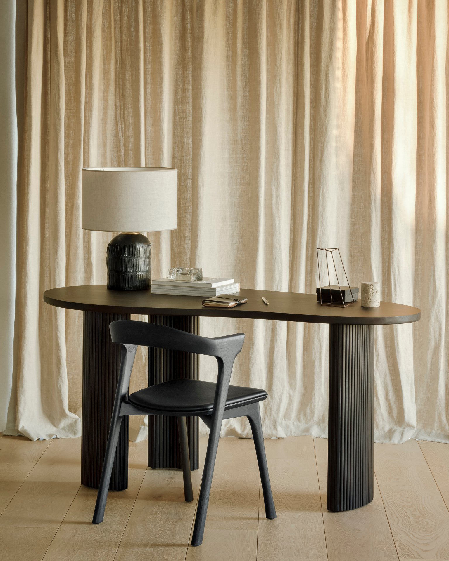 Ethnicraft Oak Bok Dining Chair - Leather - Black - Set of 8 - Floor Stock