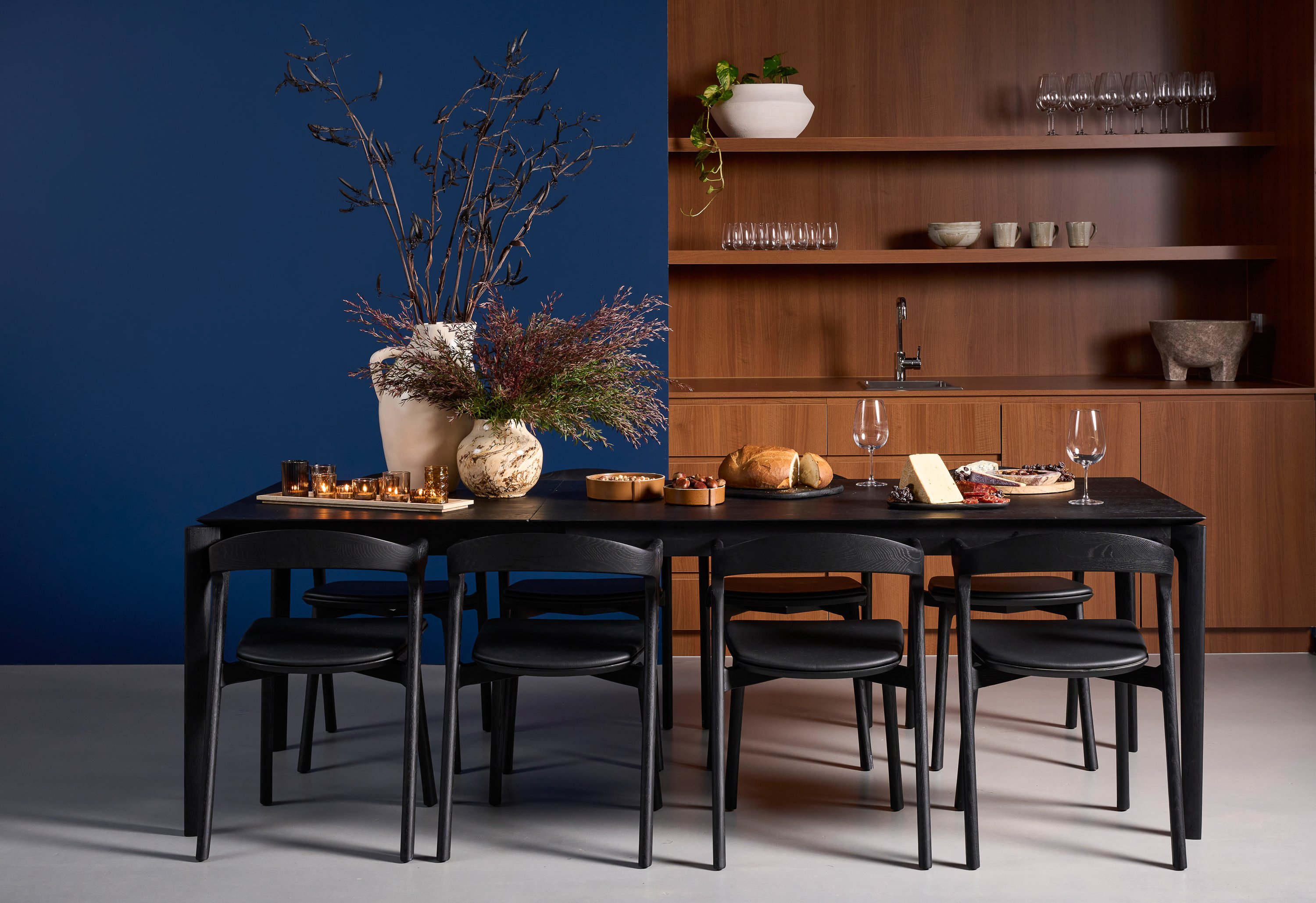 Ethnicraft Oak Bok Dining Chair - Leather - Black - Set of 8 - Floor Stock