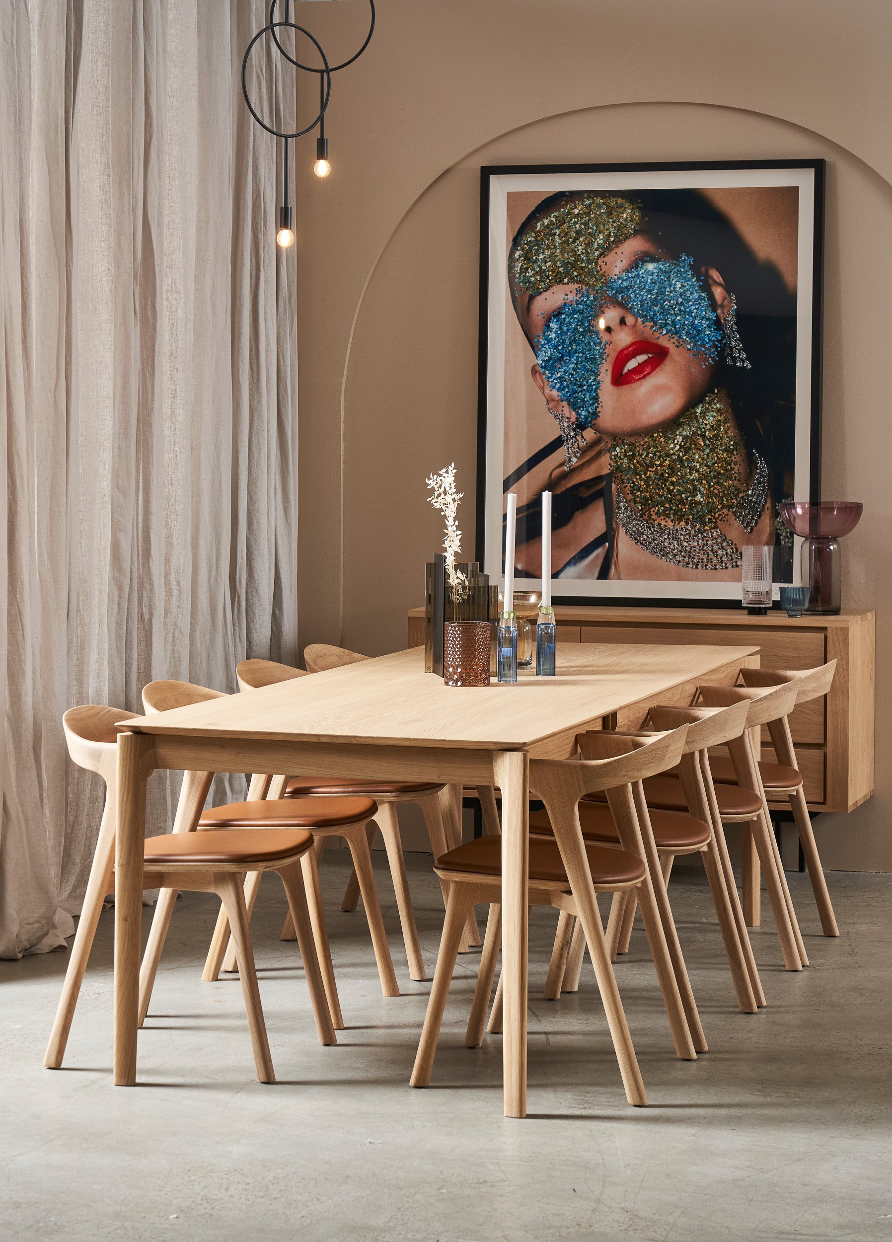 Ethnicraft Oak Bok Dining Chair - Leather - Black - Set of 8 - Floor Stock