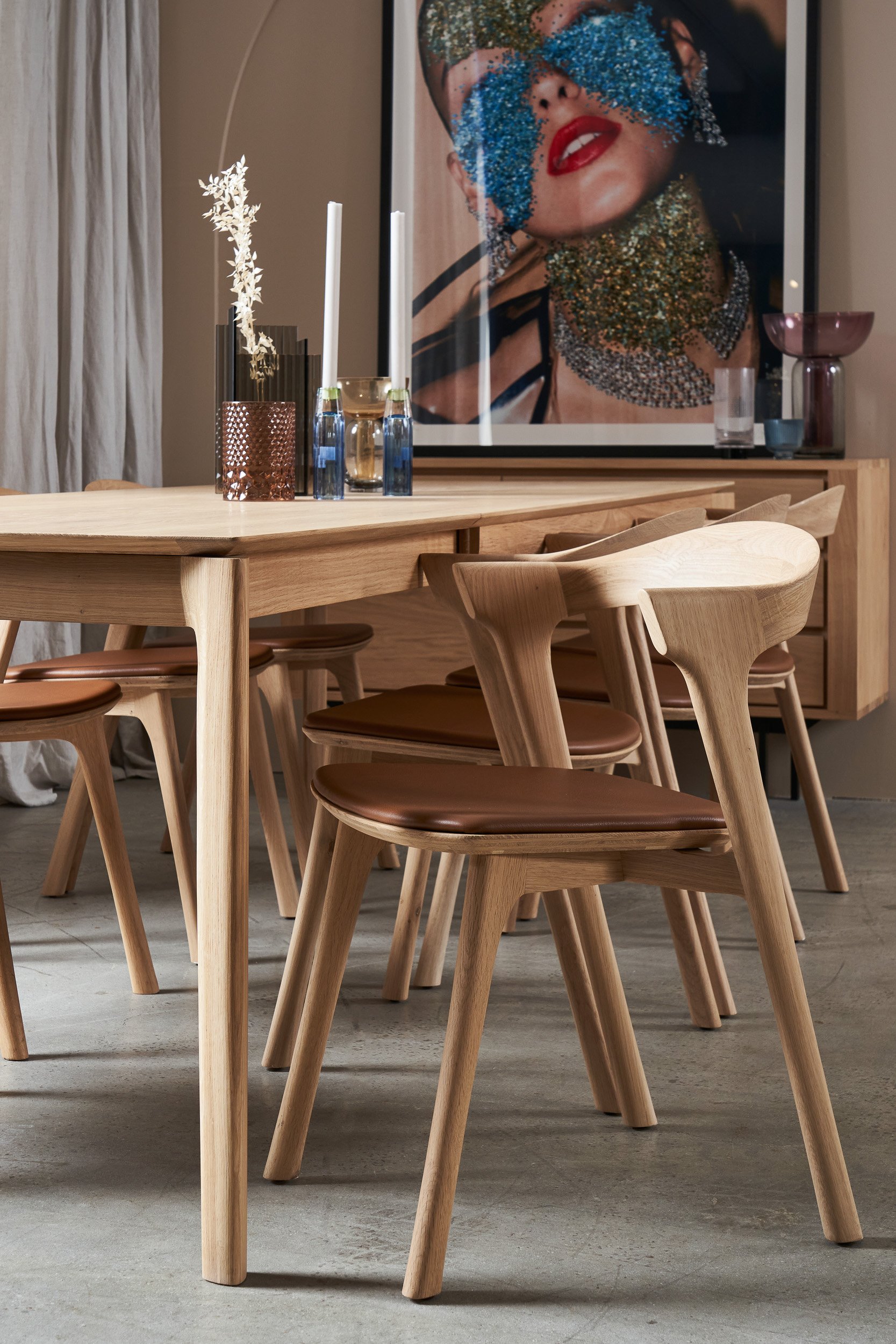 Ethnicraft Oak Bok Dining Chair - Leather - Black - Set of 8 - Floor Stock