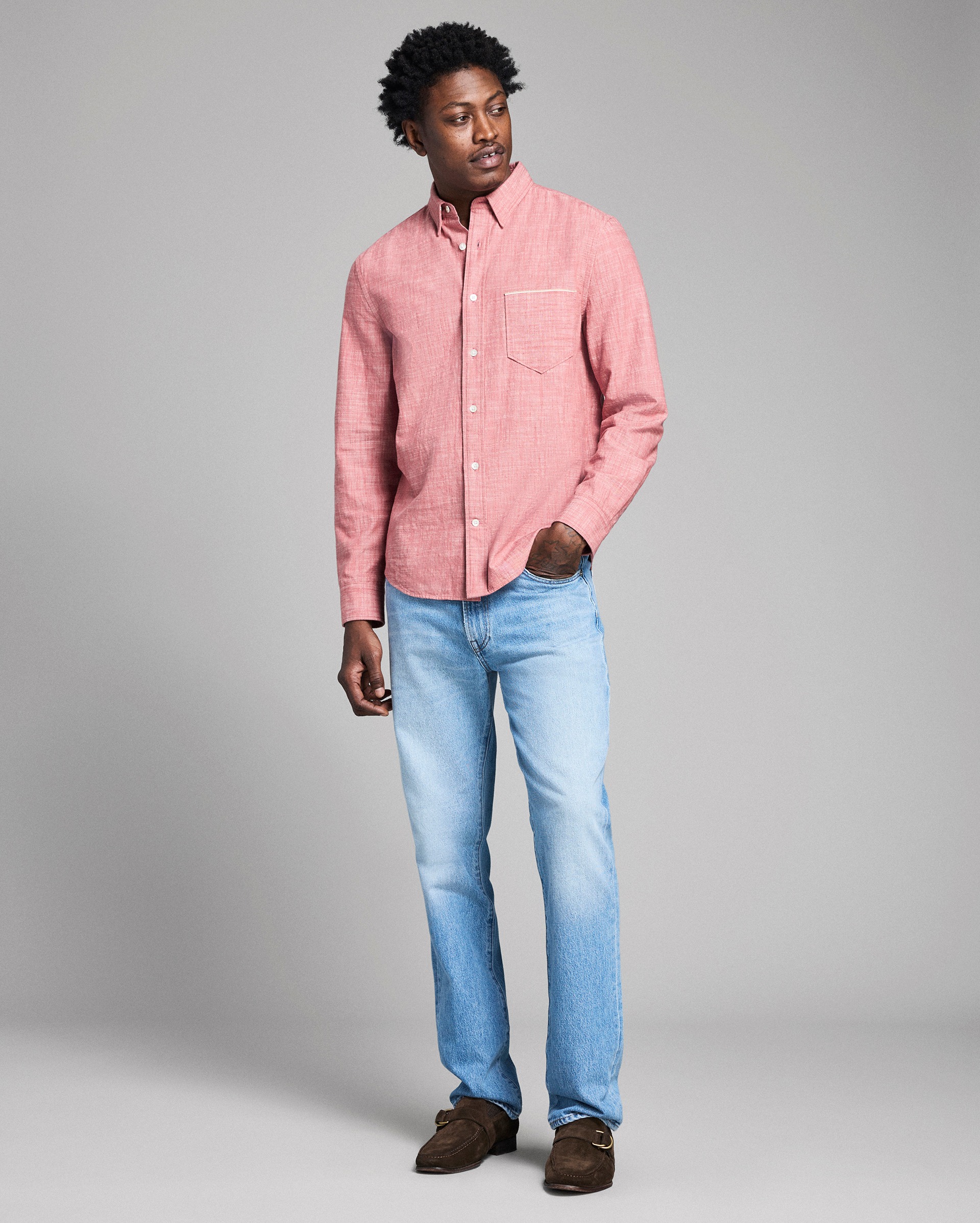 Model shows the fit of the shirt.
