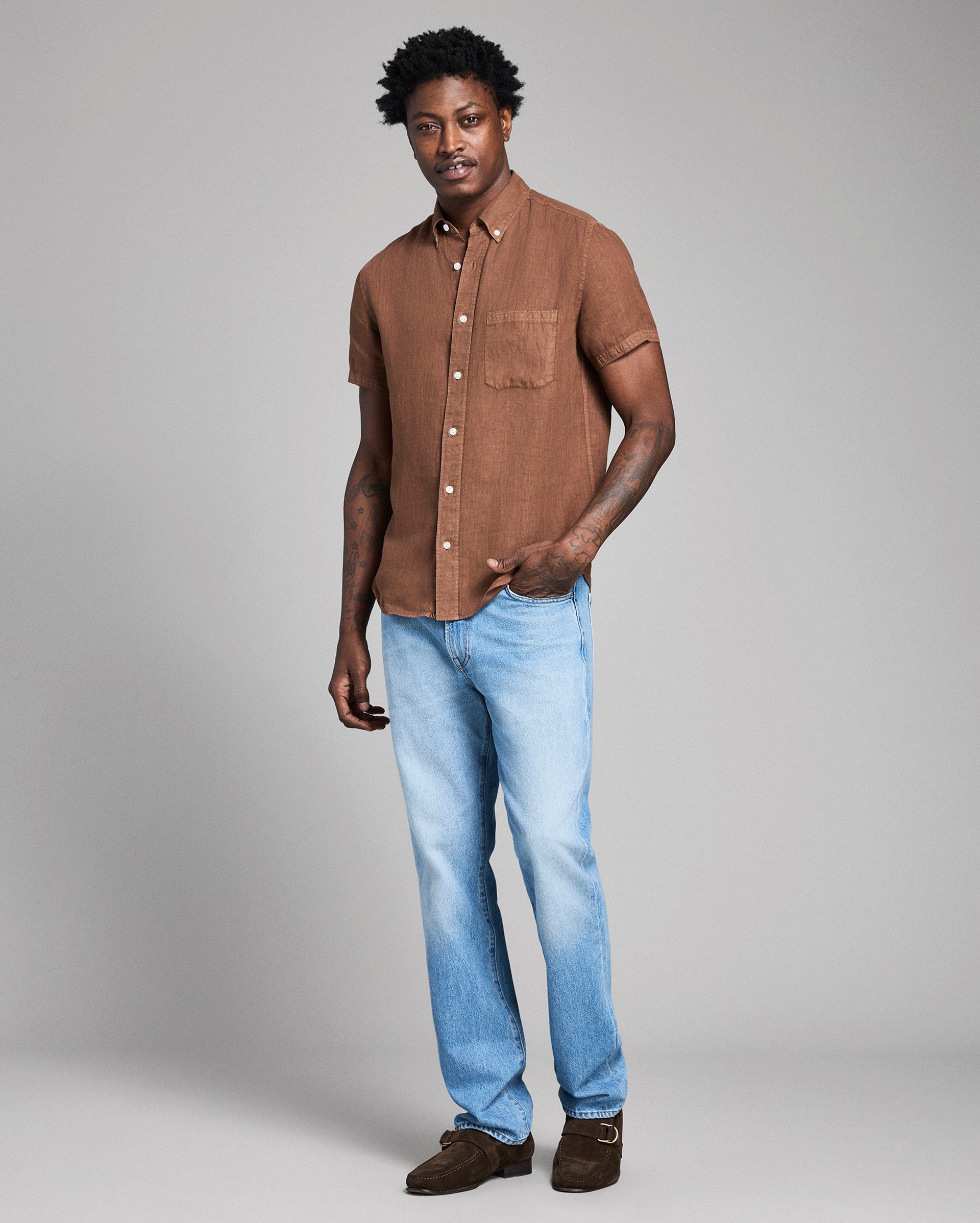 Model shows the fit of the shirt.