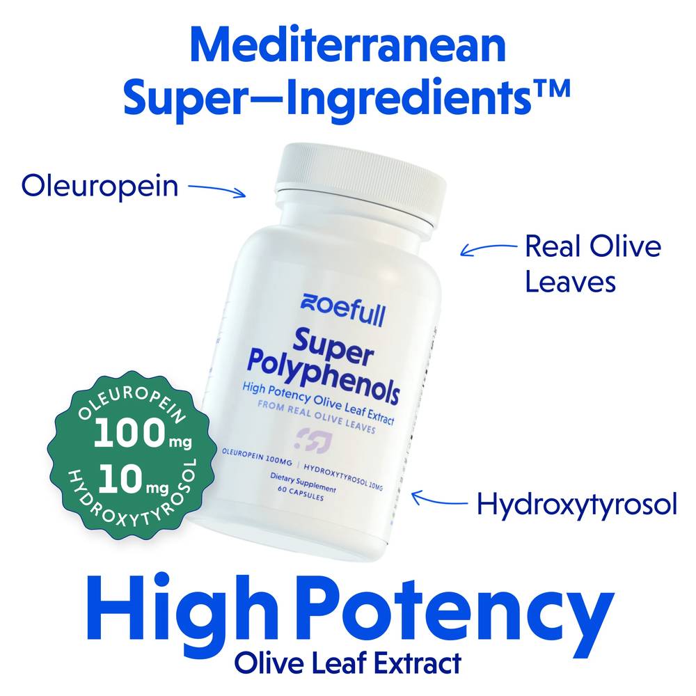 An image with zoefull's super polyphenol olive leaf extract supplement showing that it is made of these mediterranean super ingredients: oleuropein, hydroxytyrosol and real olive leaves. It says that this product is a high potency olive leaf extract.