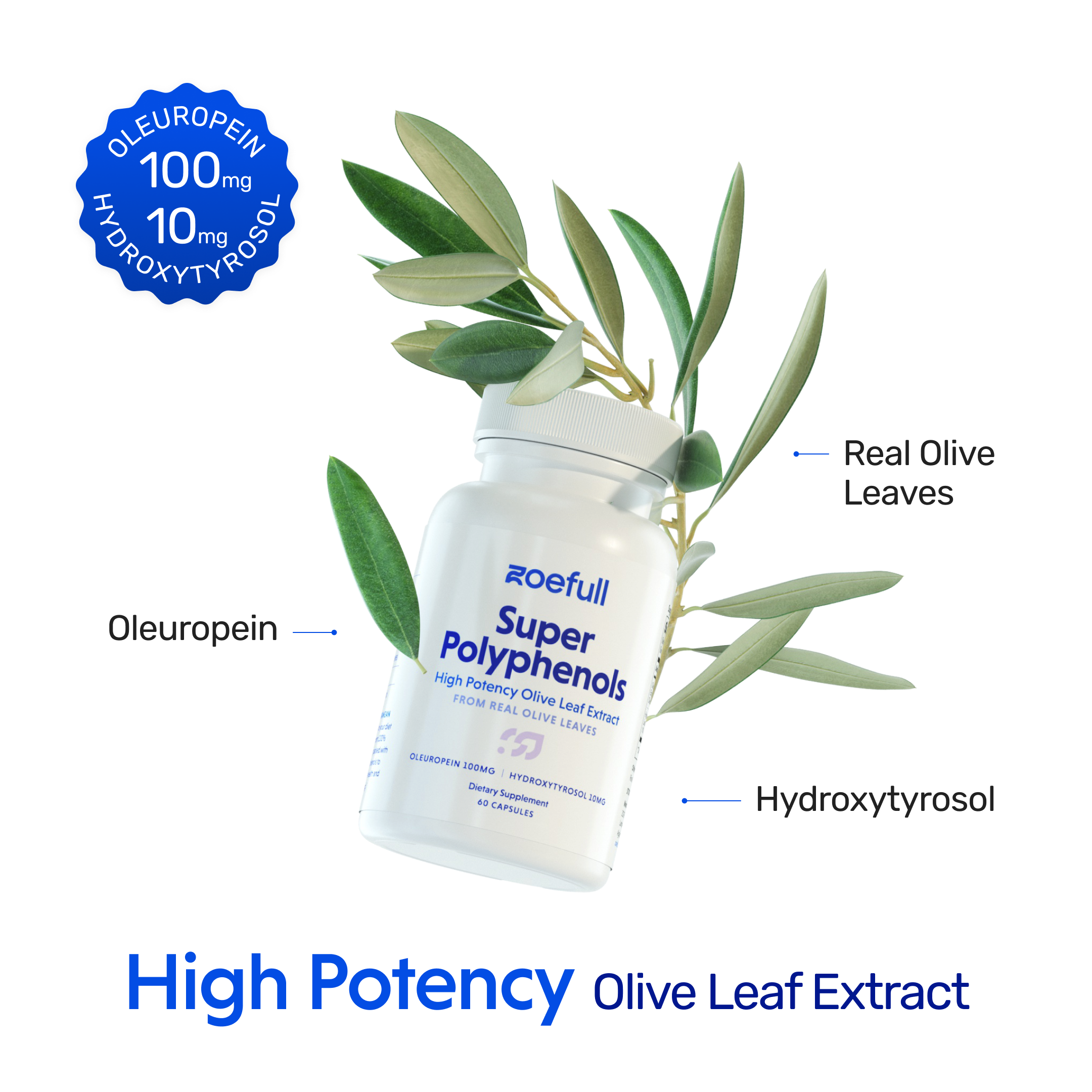 An image with zoefull's super polyphenol olive leaf extract supplement showing that it is made of these mediterranean super ingredients: oleuropein, hydroxytyrosol and real olive leaves. It says that this product is a high potency olive leaf extract.