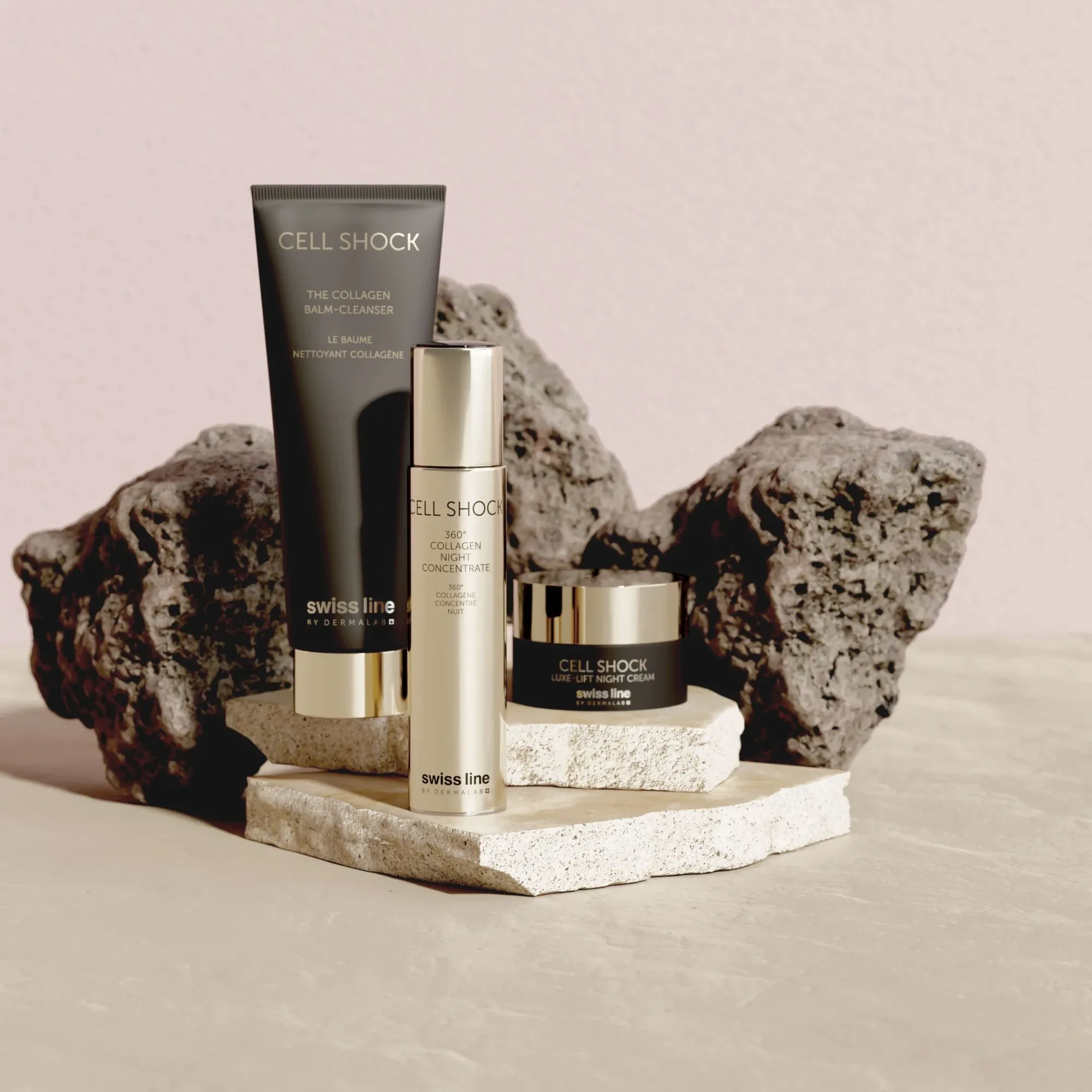 Three Swissline products with rocks behind