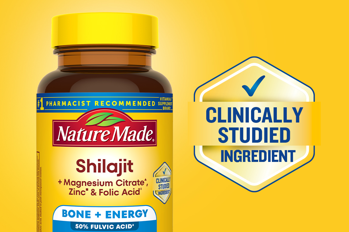 Shilajit bottle on yellow background next to enlarged Clinically Studied badge 