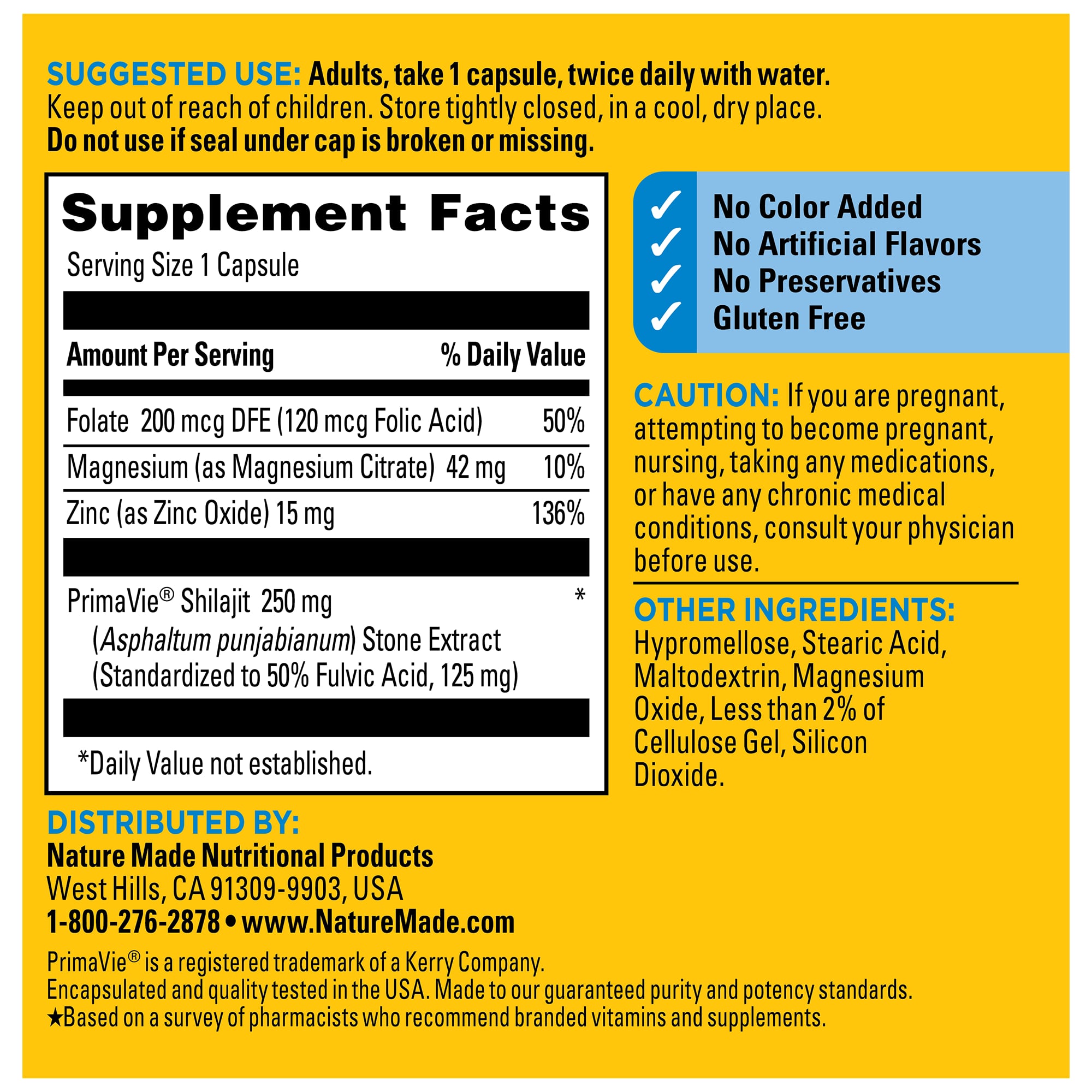Shilajit + Magnesium Citrate, Zinc & Folic Acid Capsules  Nature Made Shilajit + Magnesium Citrate, Zinc & Folic Acid Capsules supplements facts label with suggested use and free from attributes including No Color Added, No Artificial Flavors, No Preservatives, Gluten Free.