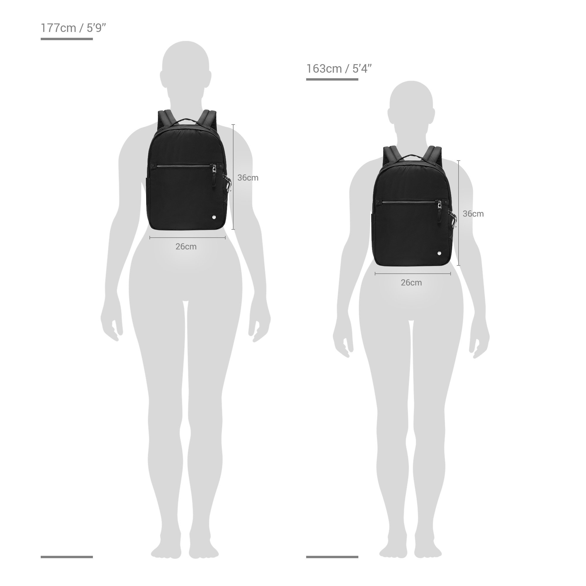 Size chart for Pacsafe® W 10L anti-theft backpack