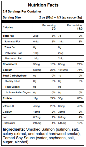 5.2 oz. Sashimi Style Smoked Salmon nutrition