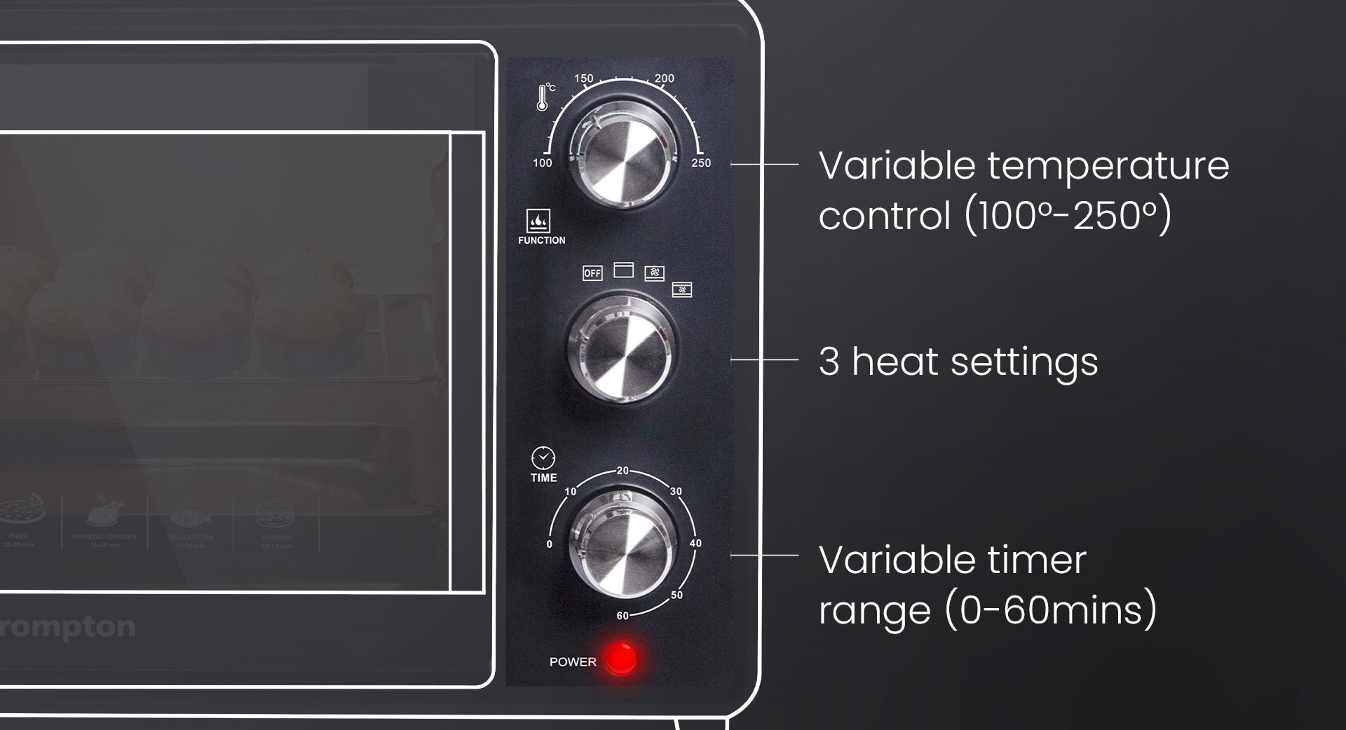 Variable Temperature Control (100°-250°), 3 Heat Settings, Variable Timer Range (0-60mins)