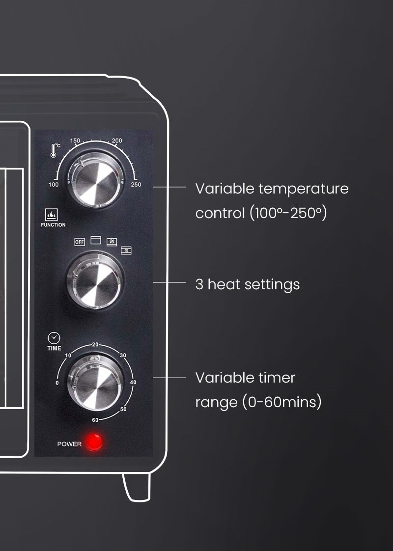 Variable Temperature Control (100°-250°), 3 Heat Settings, Variable Timer Range (0-60mins)