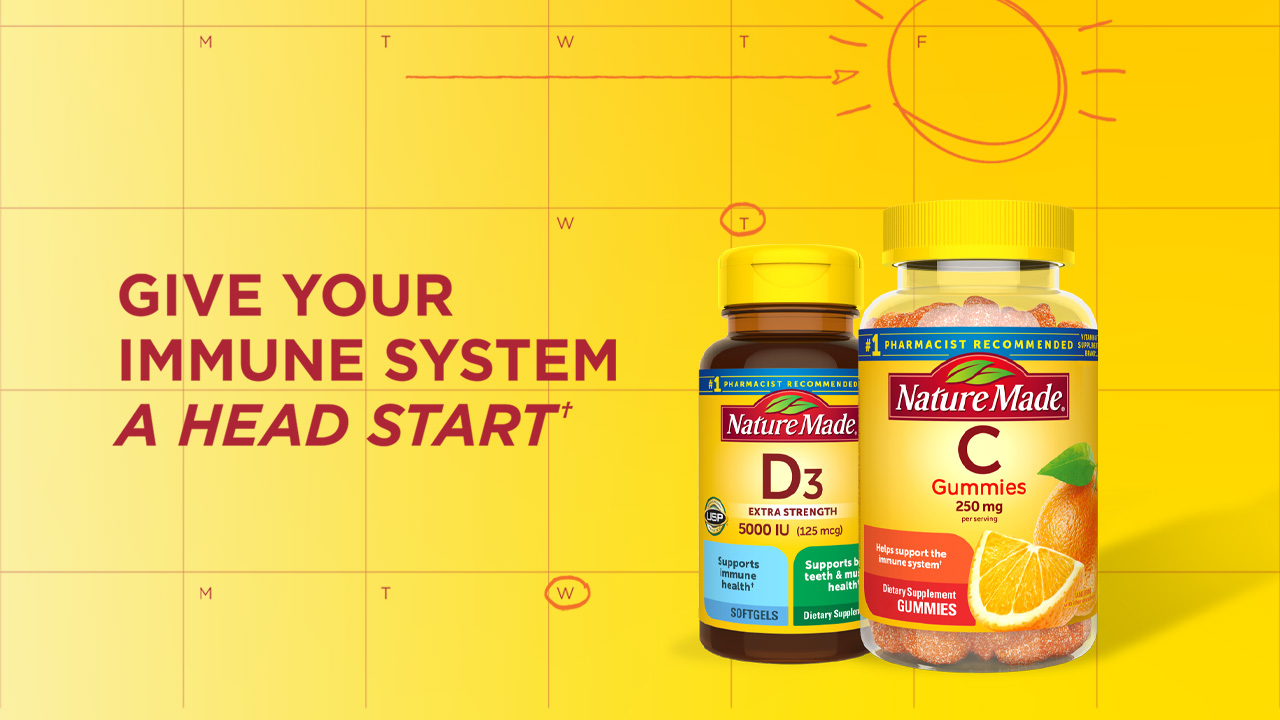 Give Your Immune System a Head Start with Nature Made including our 5000 IU Softgels and Vitamin C 250mg Gummies, recommended by pharmacists, supporting immune health, teeth, and bone health. † These statements have not been evaluated by the Food and Drug Administration. These products are not intended to diagnose, treat, cure or prevent any disease.