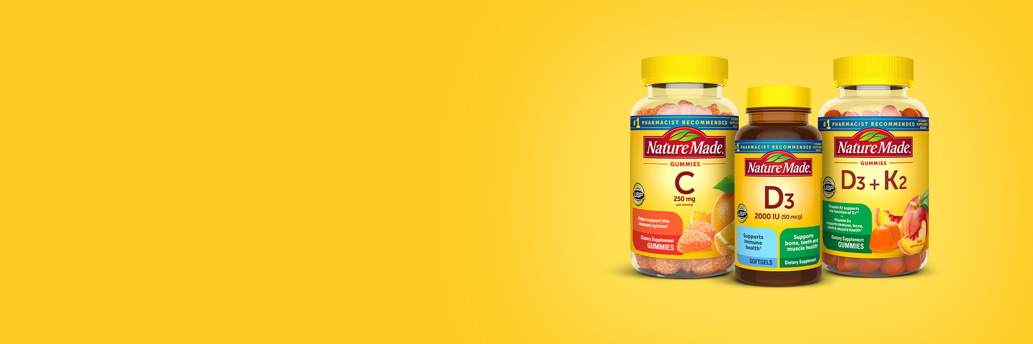 Nature Made Vitamin C gummies, D3 softgels & D3 + K2 gummies on a yellow background