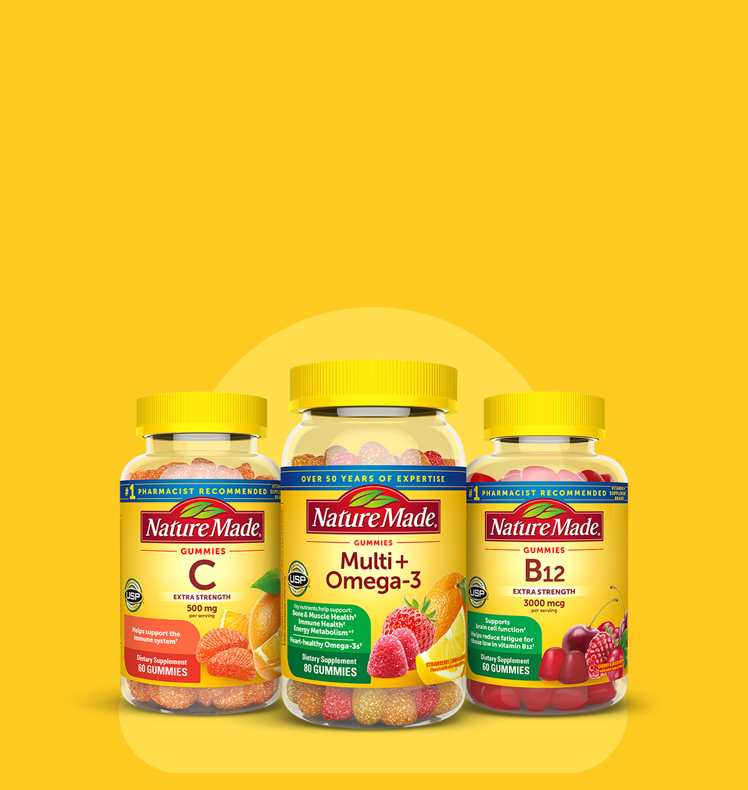 Nature Made gummies including Vitamin C, Multi+Omega‑3, and B12 on yellow background.