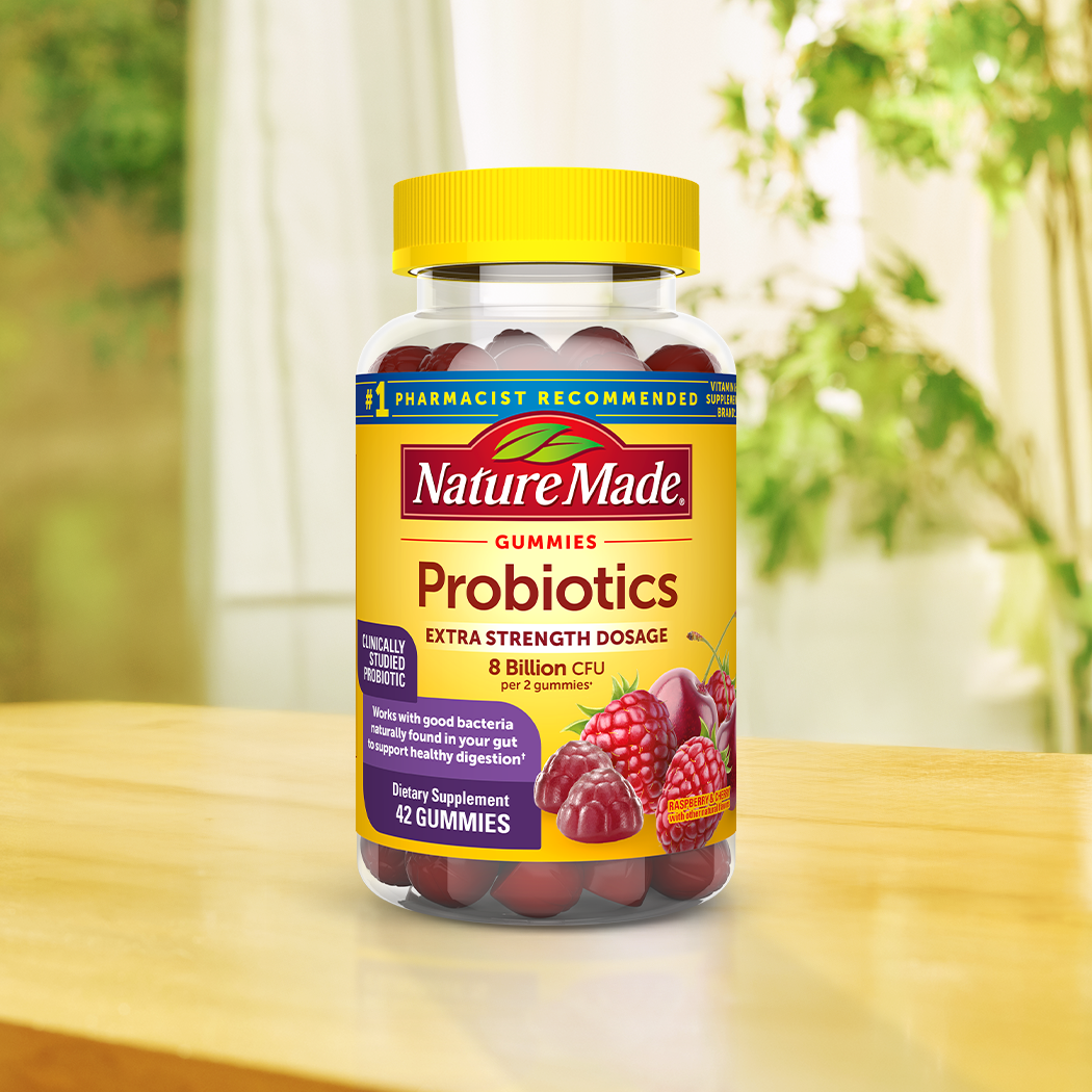 Nature Made Probiotics gummies on a wooden table.