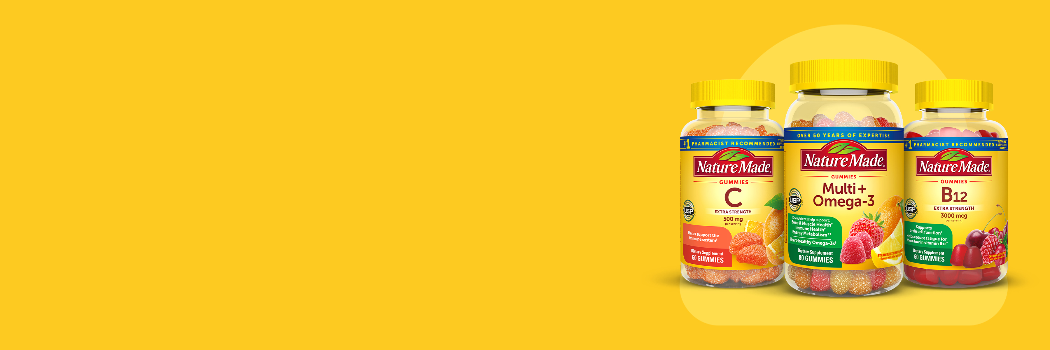 Nature Made gummies including Vitamin C, Multi+Omega‑3, and B12 on yellow background.