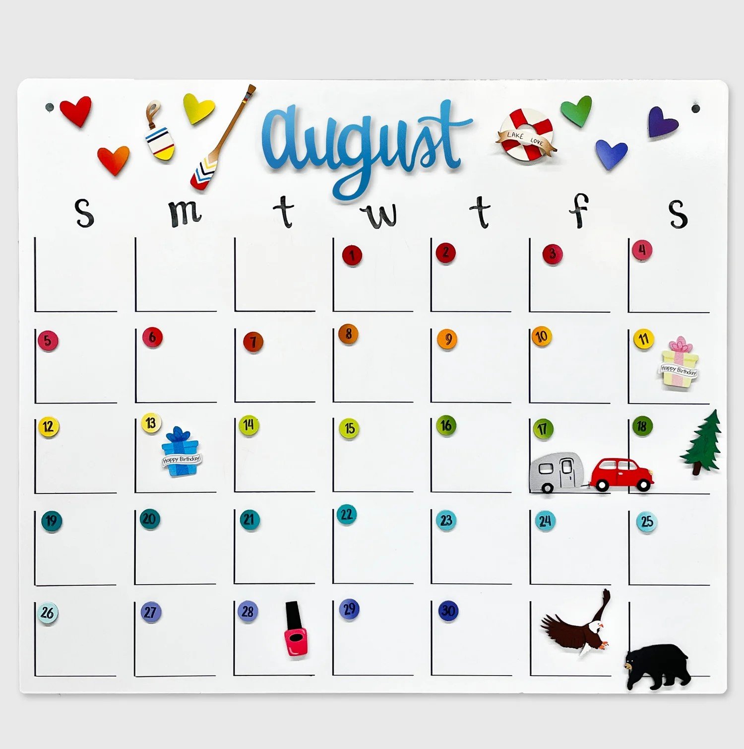 August calendar with many different magnets on days. 