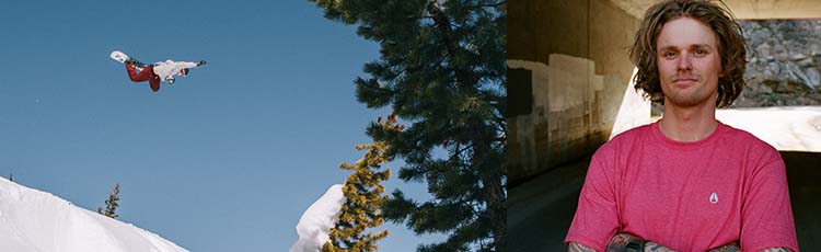 Snowboarder Mikkel Bang catches big air on his snowboard and stands in a Nixon t-shirt in two separate pictures.