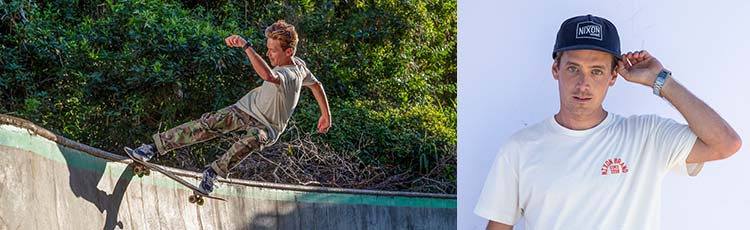 Skateboarder Zach Miller skates in a bowl and stands with a men's Nixon hat in two combined pictures.