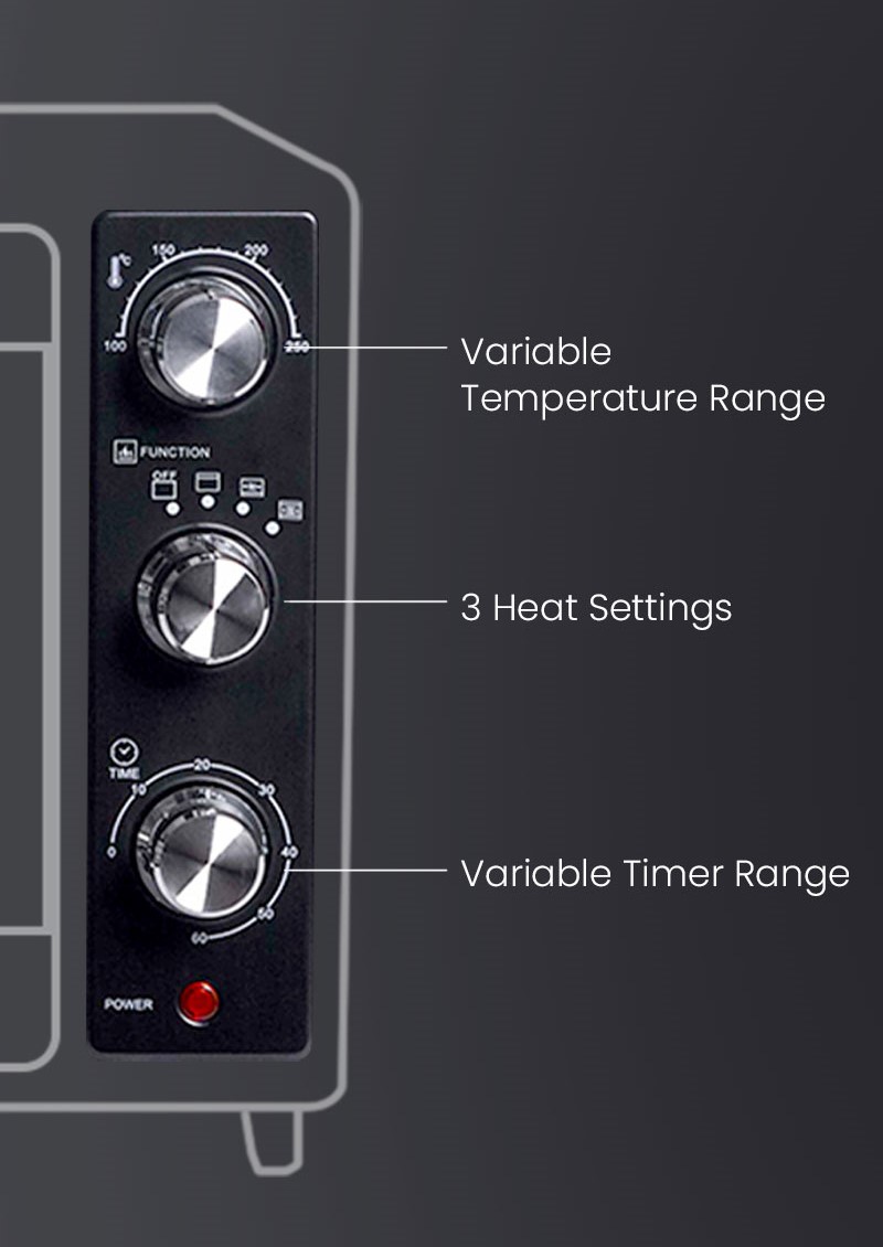Variable Temperature Range, 3 Heat Settings, Variable Timer Range