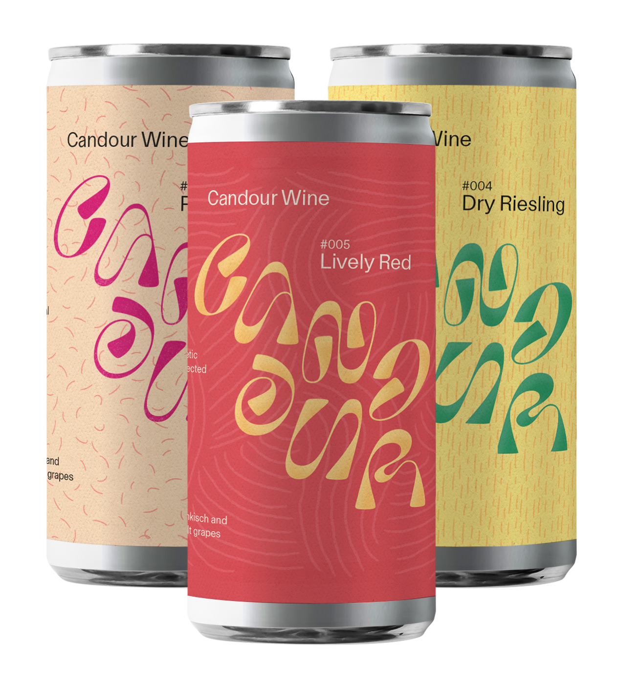 Three cans of wine: one pink, one yellow, and one red.