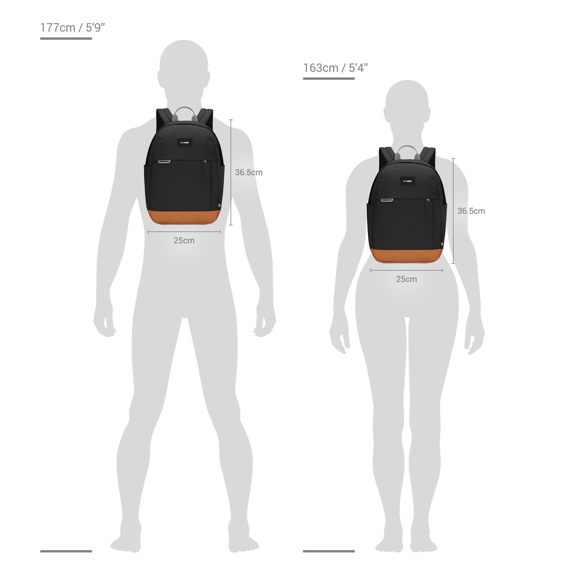 Size chart for Pacsafe® GO 15L anti-theft backpack