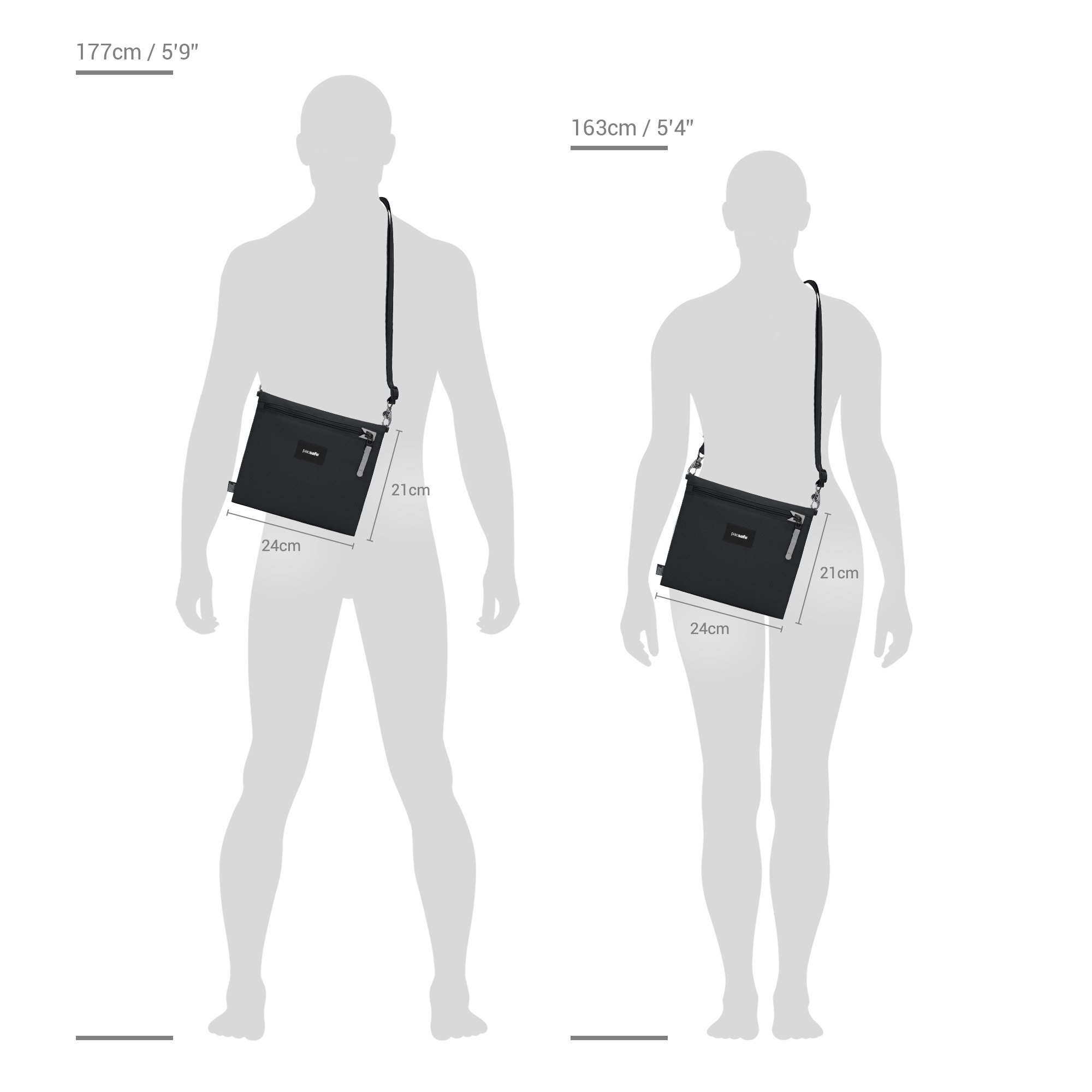 Size chart for Pacsafe® GO anti-theft crossbody pouch