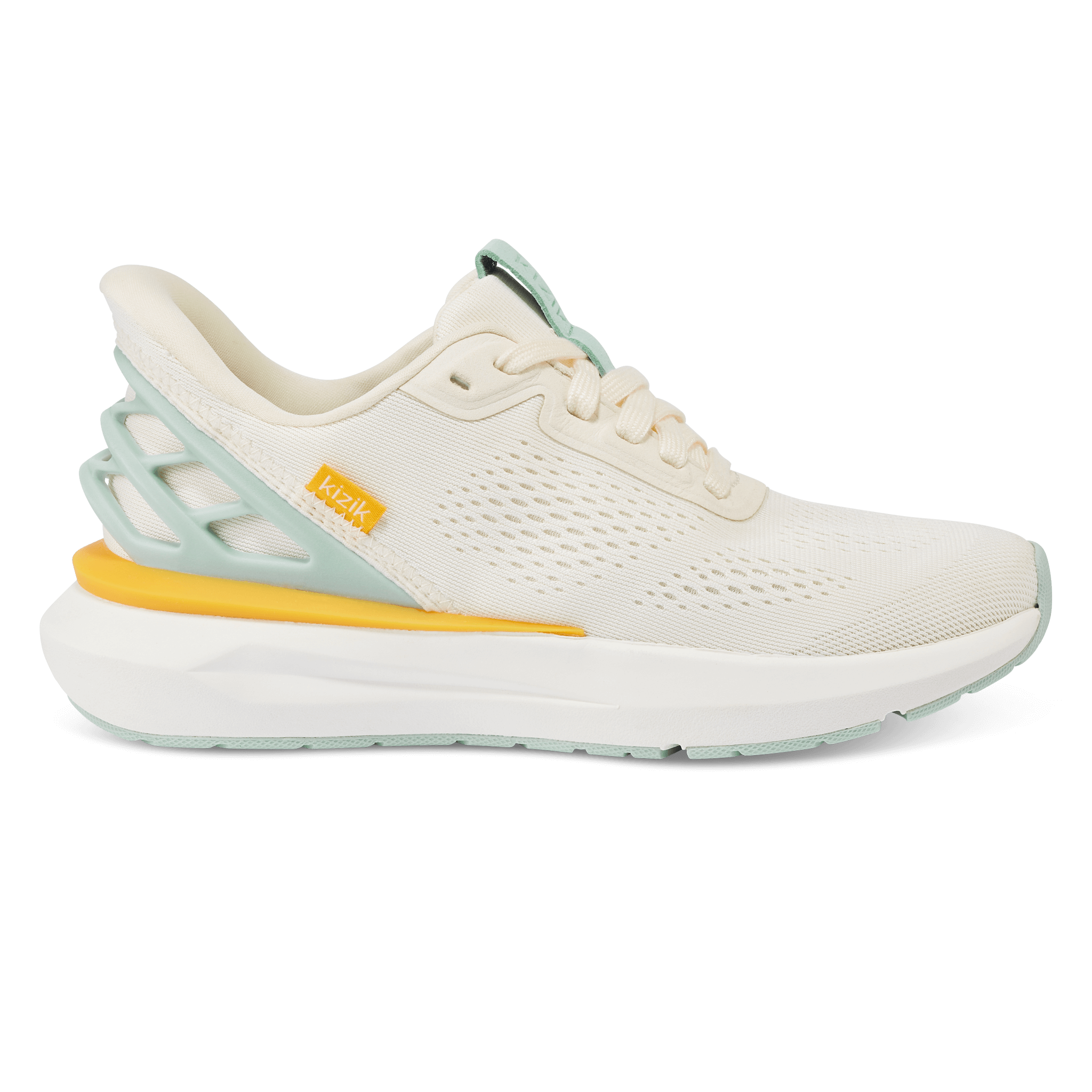 Cream sneaker with yellow and mint green accents on a white background.
